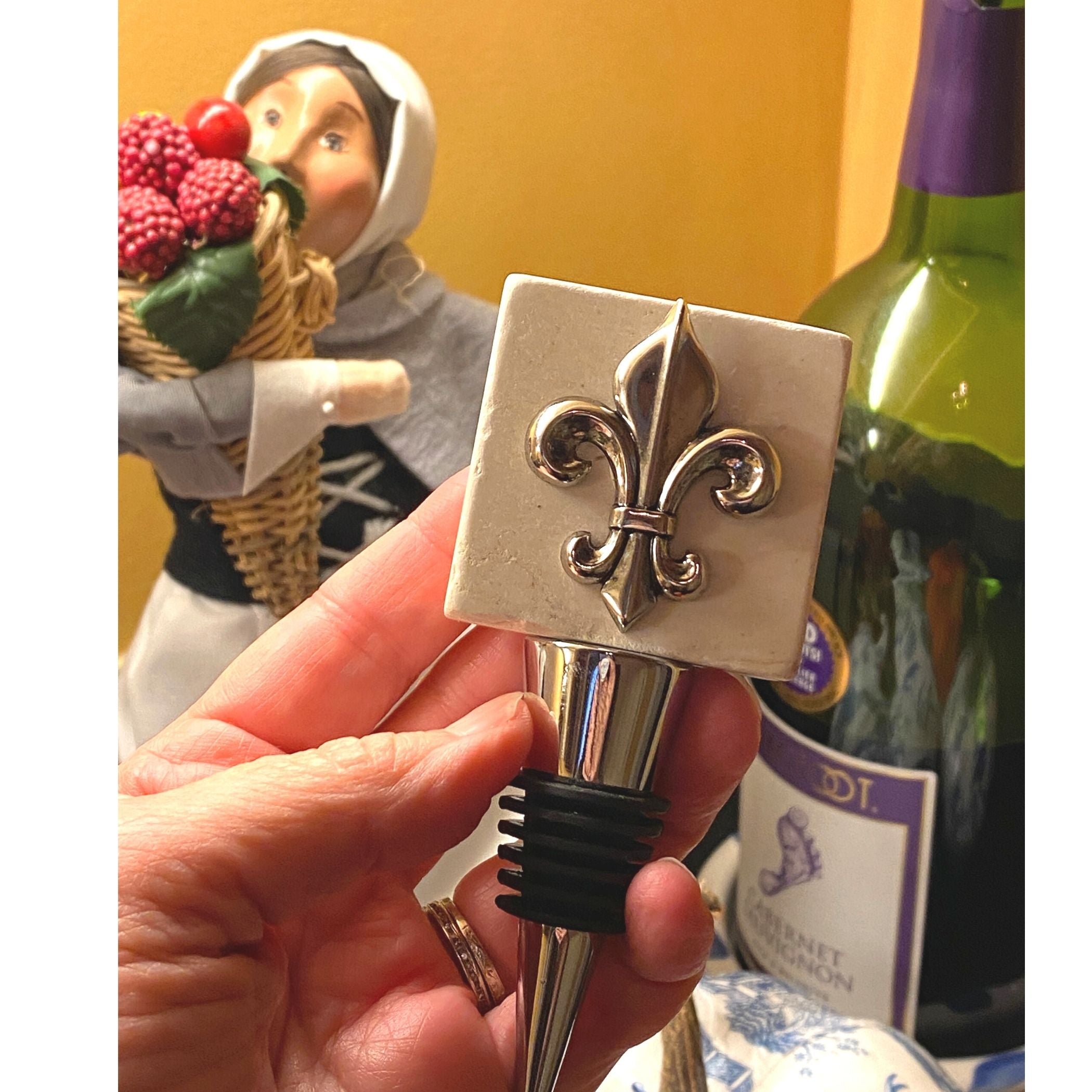 Bottle Stopper Marble,  Silver Fleur De Lis Medallion, Birthday Gift