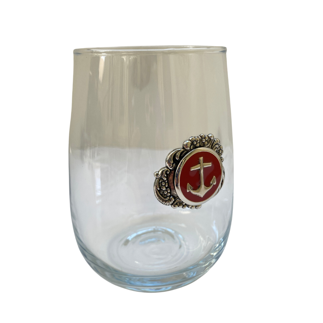 Stemless Wine Glass | Silver Anchor Medallion highlighted with red enamel by Classic Legacy