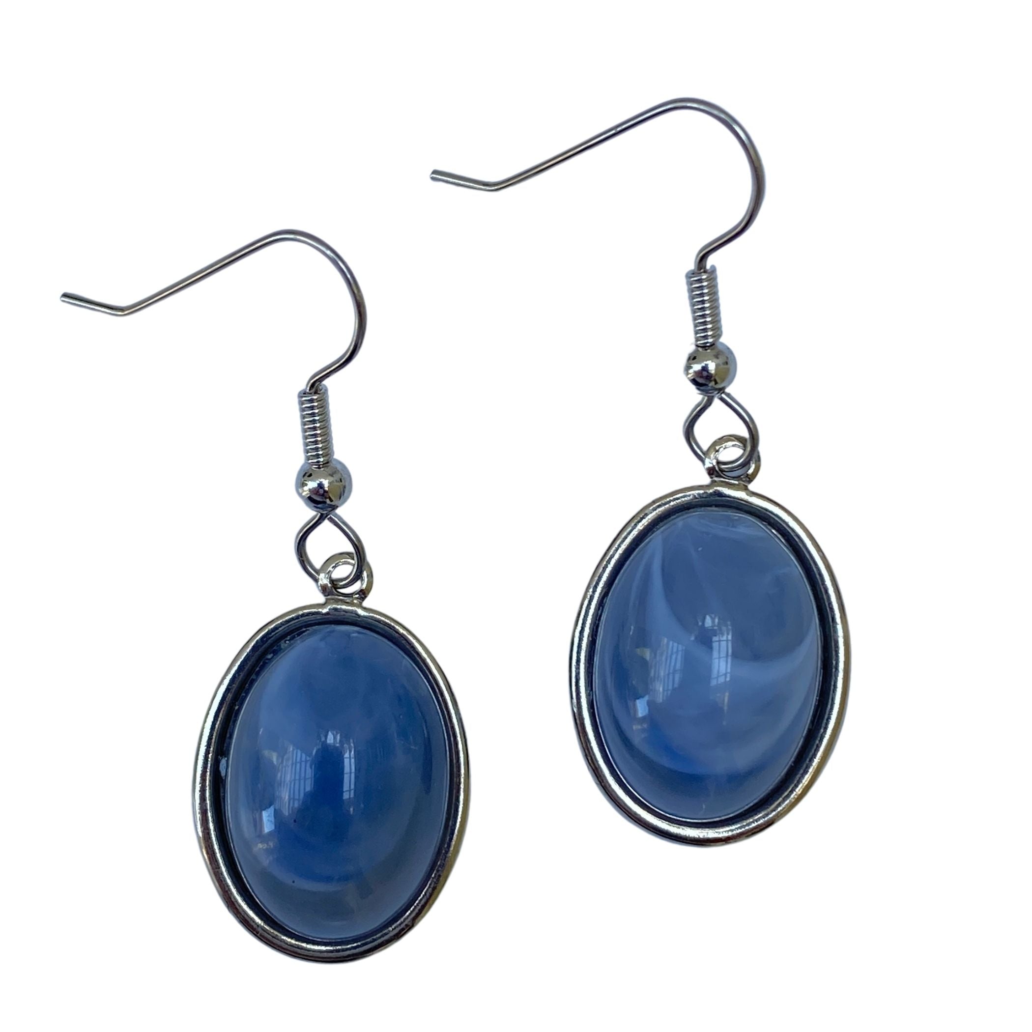 Silver Earrings, Blue Oval Cabochon