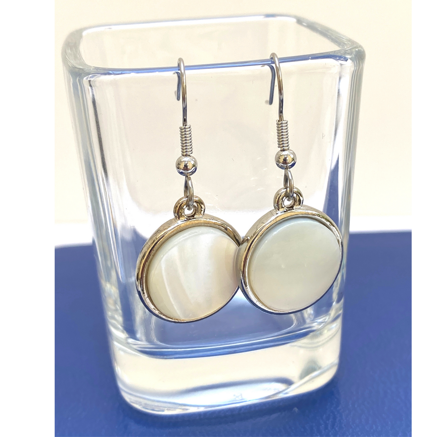 Earrings, Round Mother of Pearl, Antique Silver