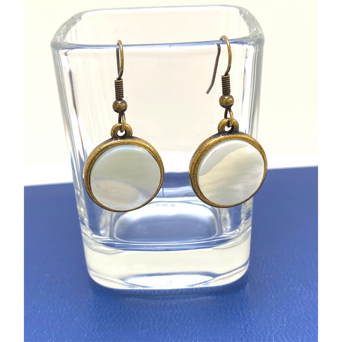 Earring, Round Mother of Pearl, Antique Gold Setting