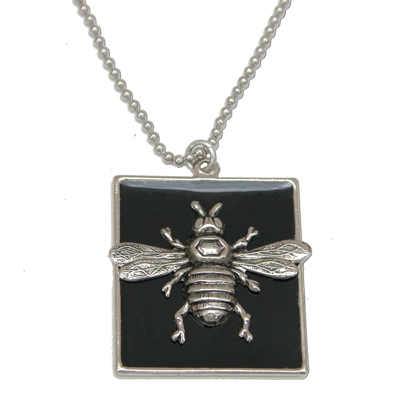 Bee Necklace, Black Enamel Silver Bee medallion, Bee Lover Jewelry
