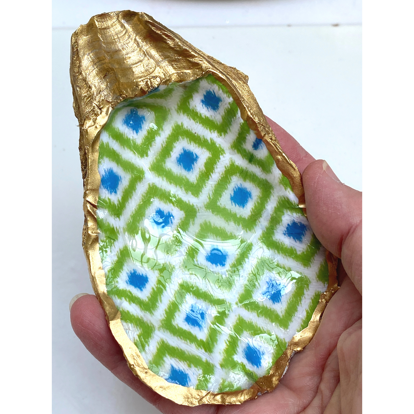 Oyster Shell Art, Green Ikat, Handmade
