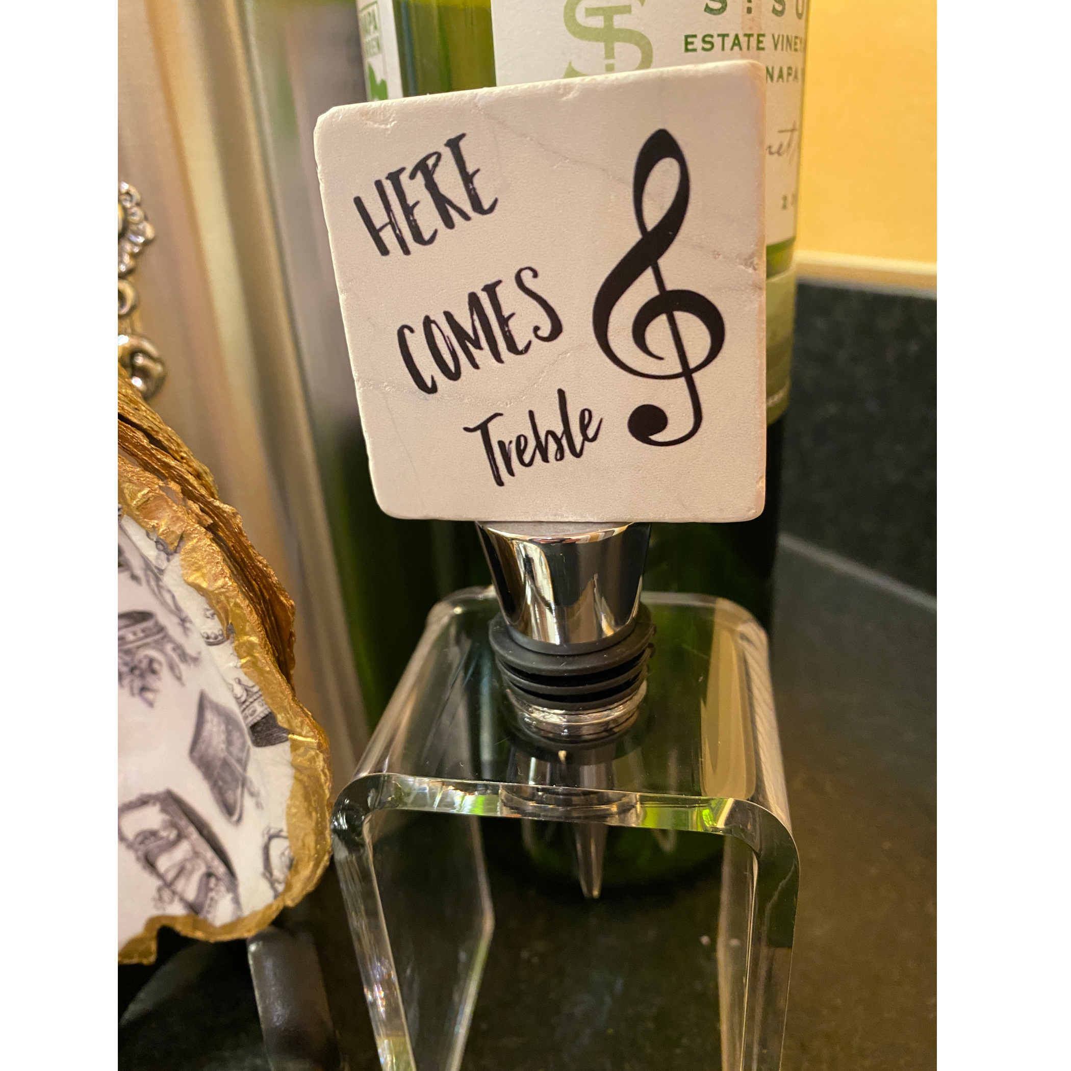 Bottle Stopper, Marble, Quote, Here Comes Treble, Musician Gift