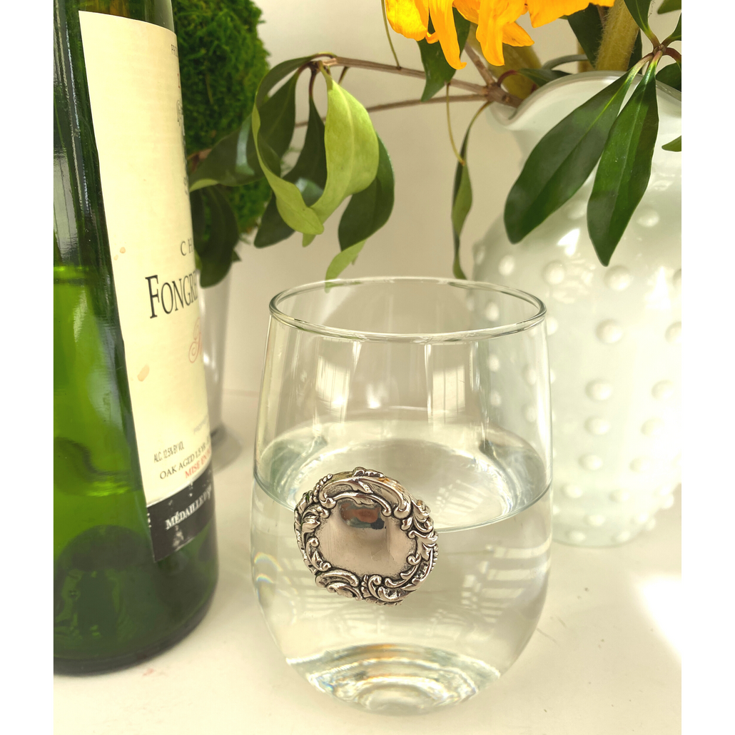 Stemless Wine Glass, Silver Medallion