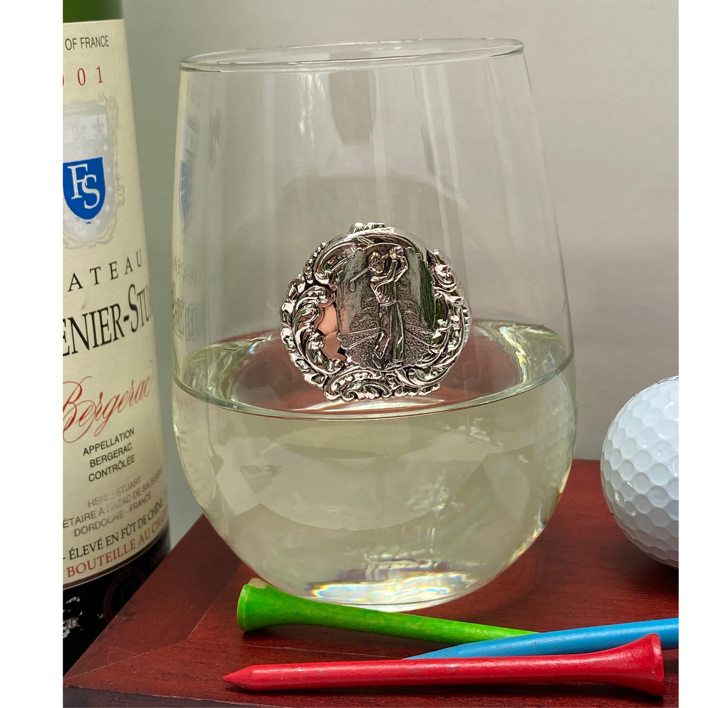 Stemless  Glass, Silver Golf Medallion