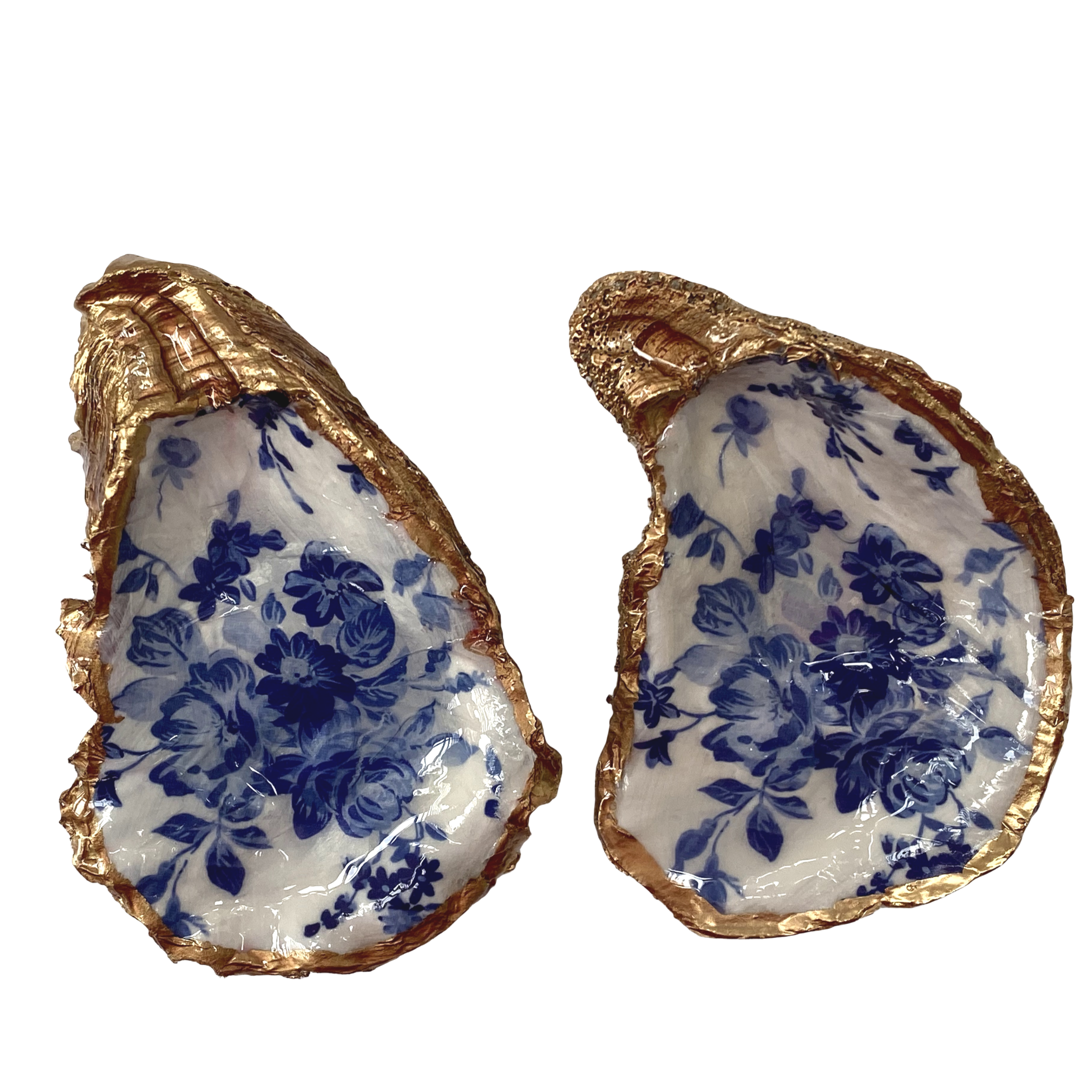 oyster shell art with blue and white flowers