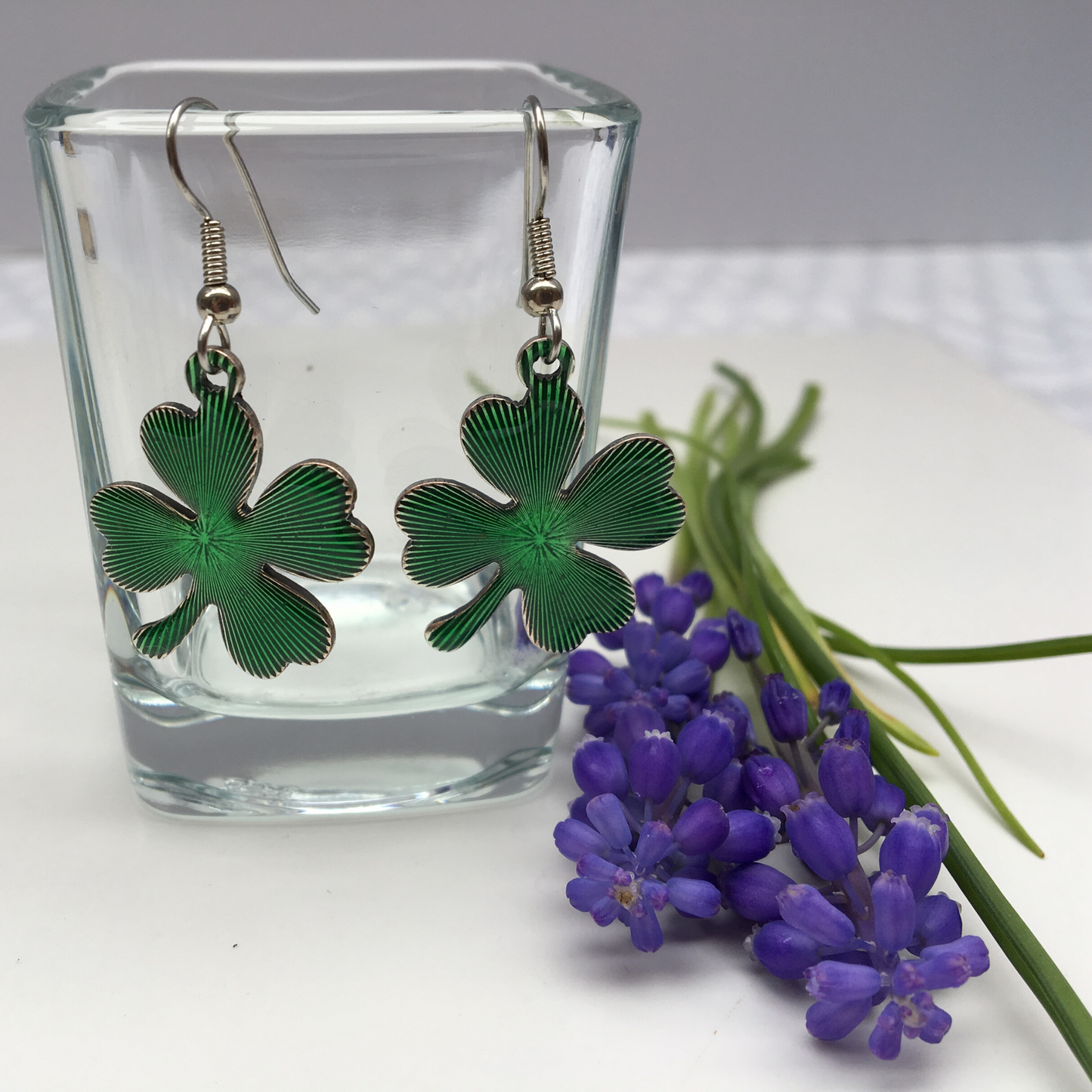 Earring, Irish Emerald Green Shamrock Enamel, French Wire, Handmade in USA