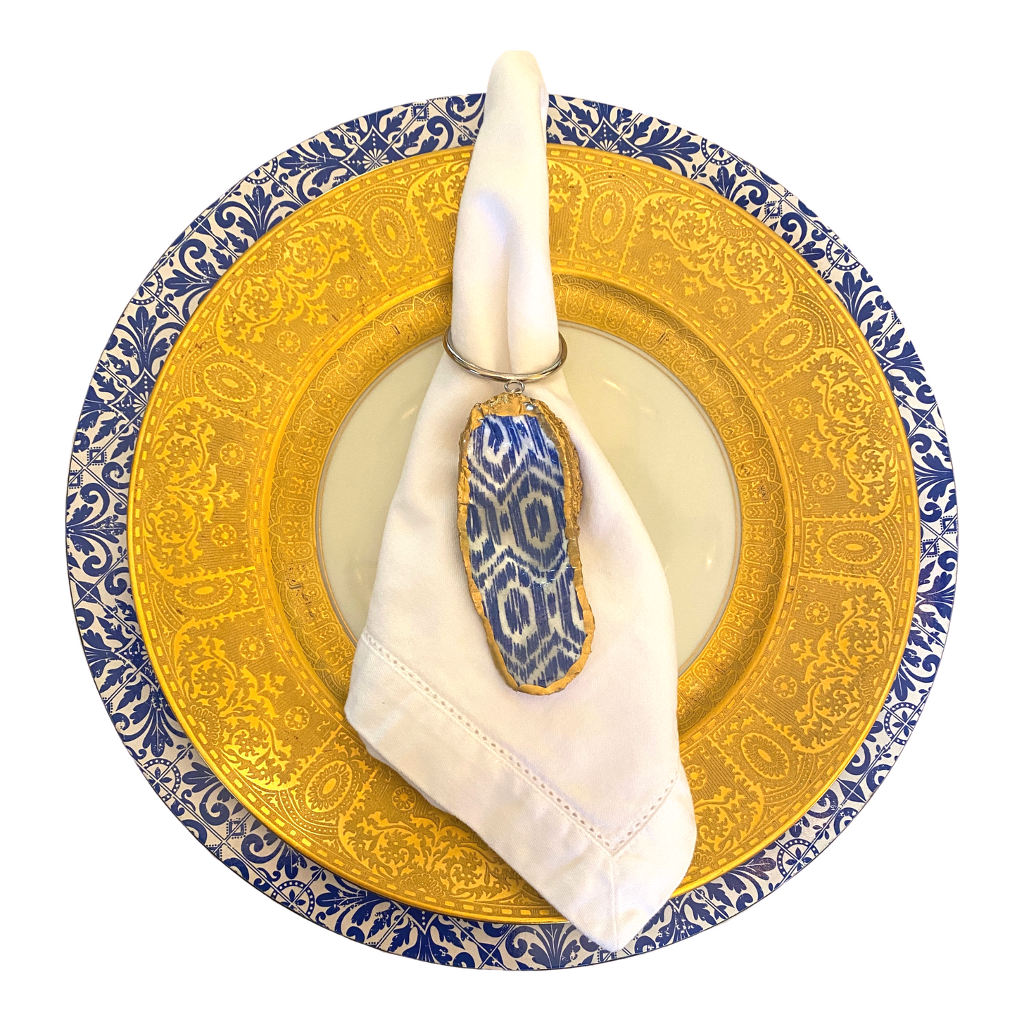 Napkin Ring  Oyster Shell Blue Ikat Design