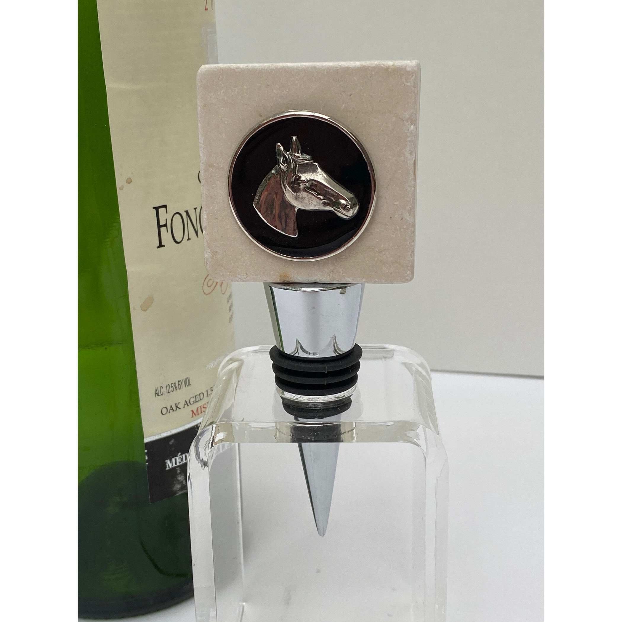 Marble Bottle Stopper,  Equestrian Gift, Silver Horse Head Black Enamel, Horse Lover Gift