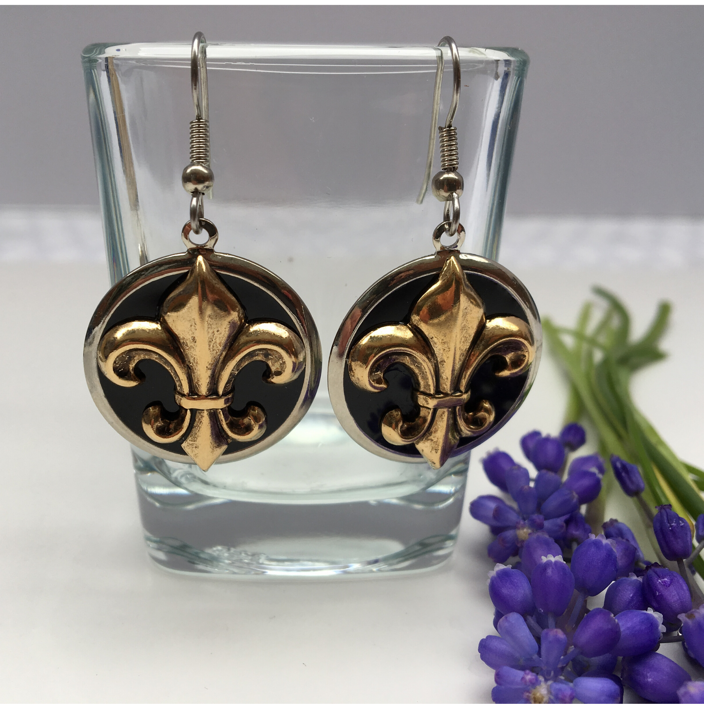 Earrings,  Gold Fleur de lis, Black Enamel,  French Ear Wire, Handmade in USA