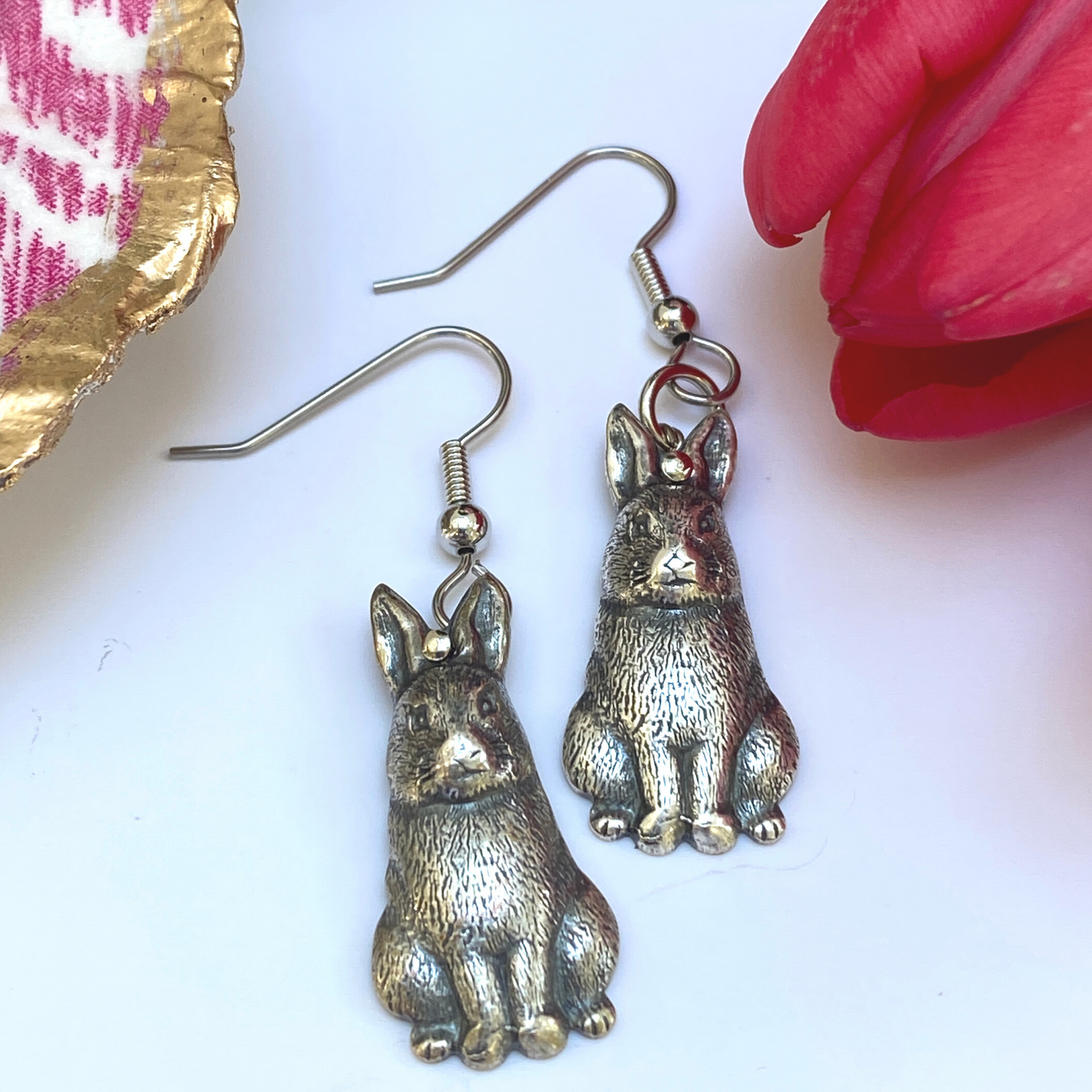 Bunny Gift, Earrings, Silver Bunny, French Ear Wire, Handmade, Vintage Finding