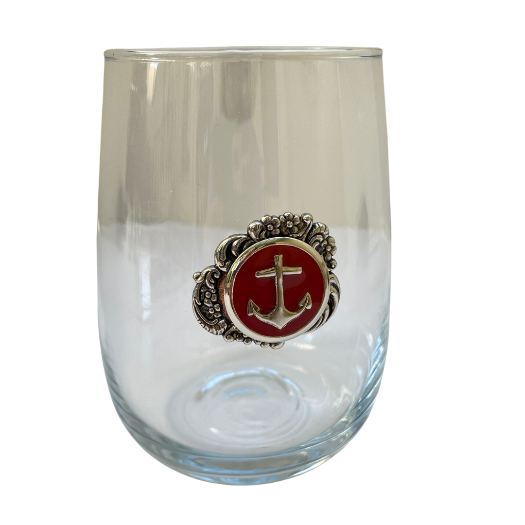 Stemless Wine Glass | Silver Anchor Medallion highlighted with red enamel by Classic Legacy