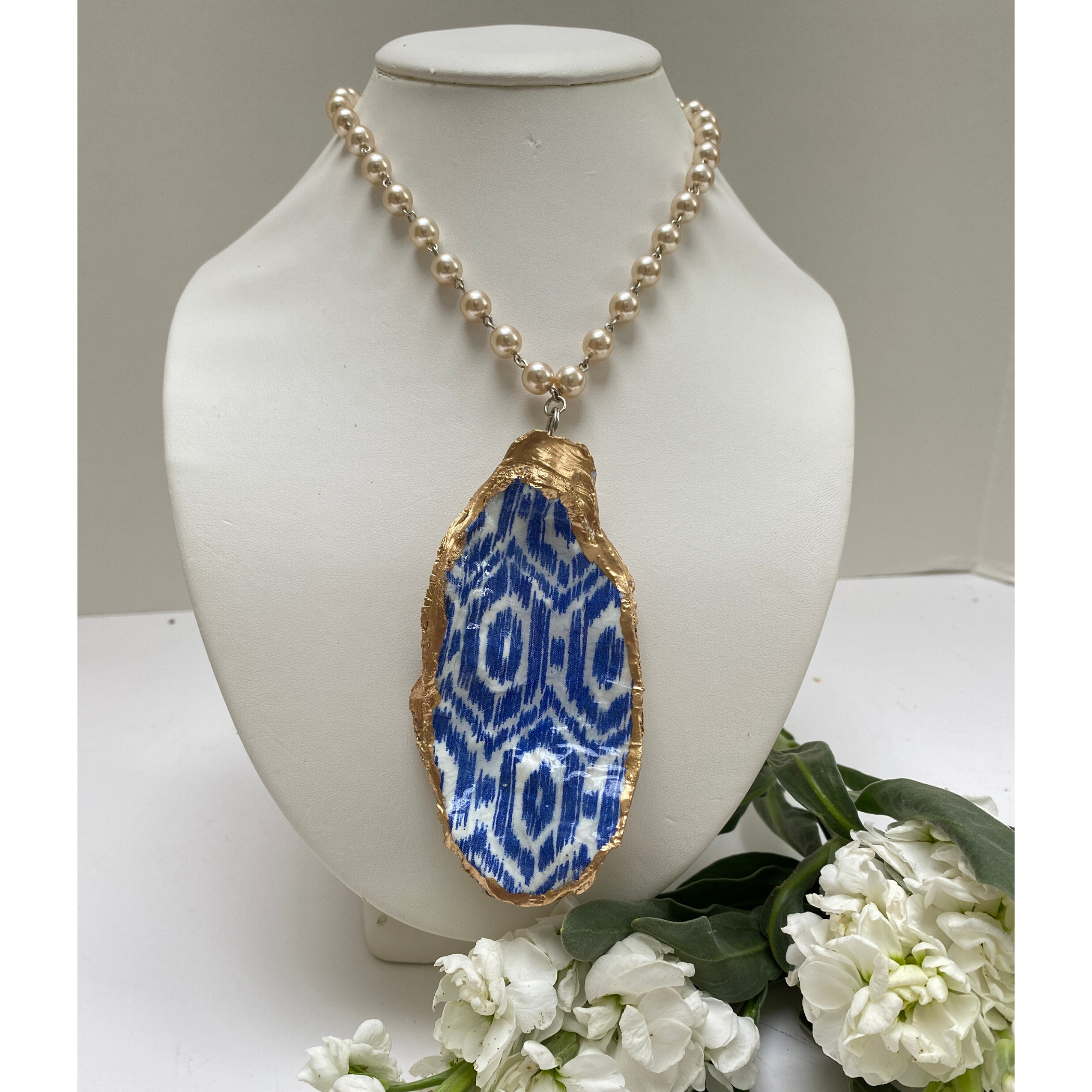 Oyster Shell Necklace Blue Ikat and Pearls