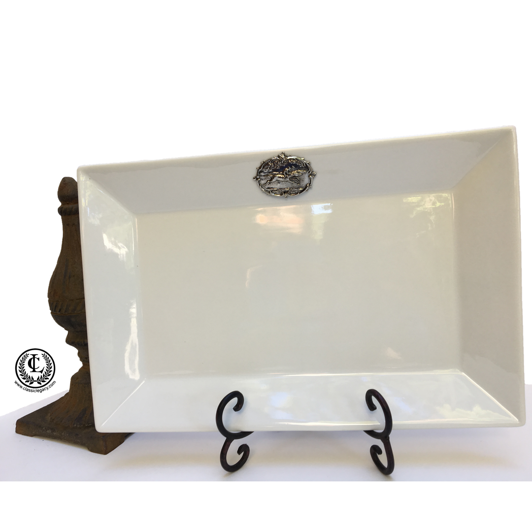 Tray, White Porcelain, Silver Racehorse,  Gift for Horserace Fan