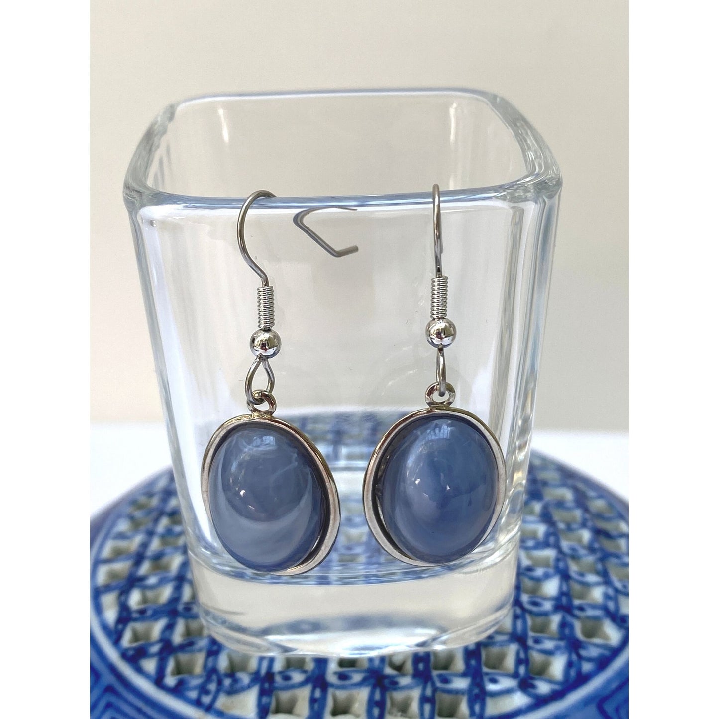 Silver Earrings, Blue Oval Cabochon