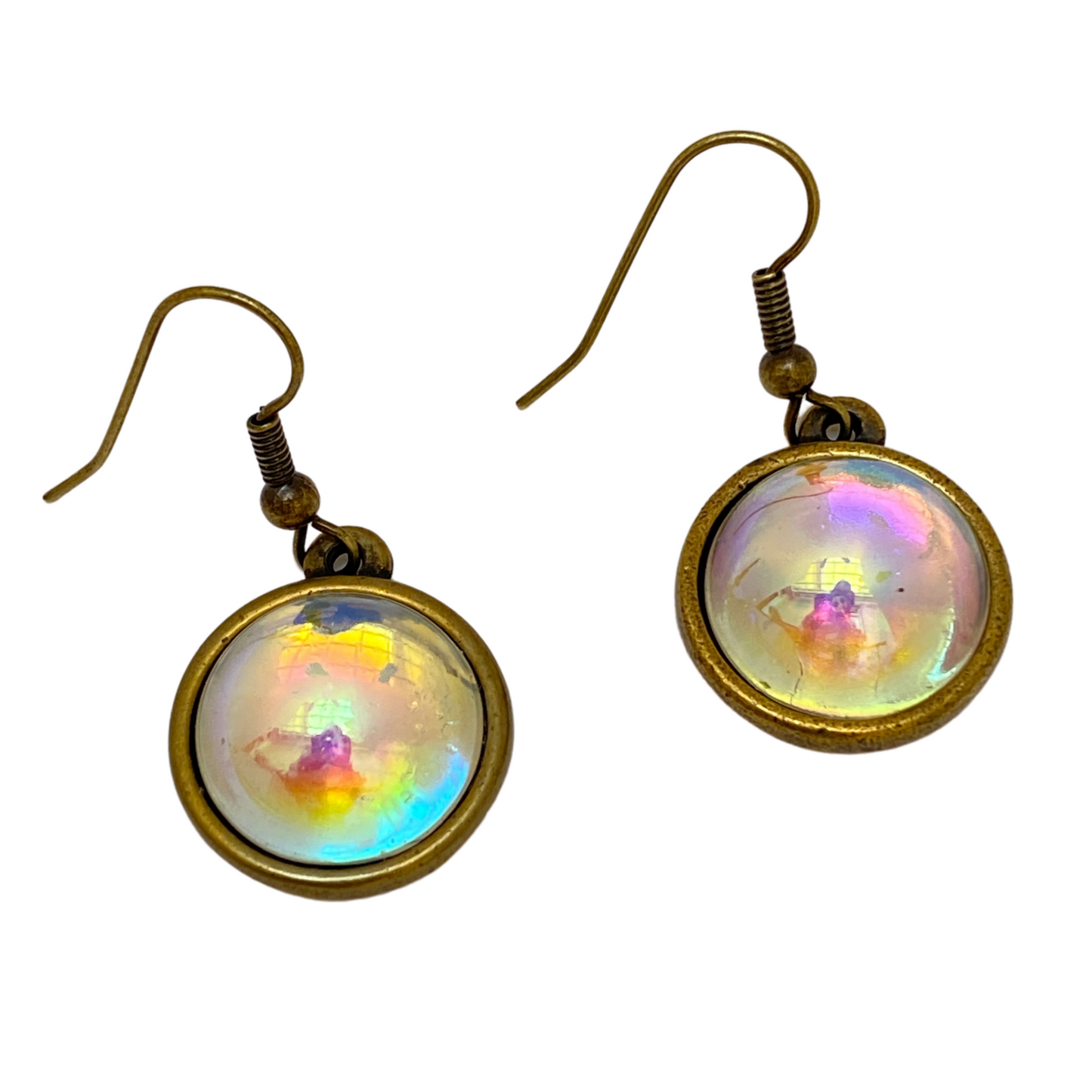 Earrings, Aurora Borealis Cabochon, Antique Gold, Handmade in USA