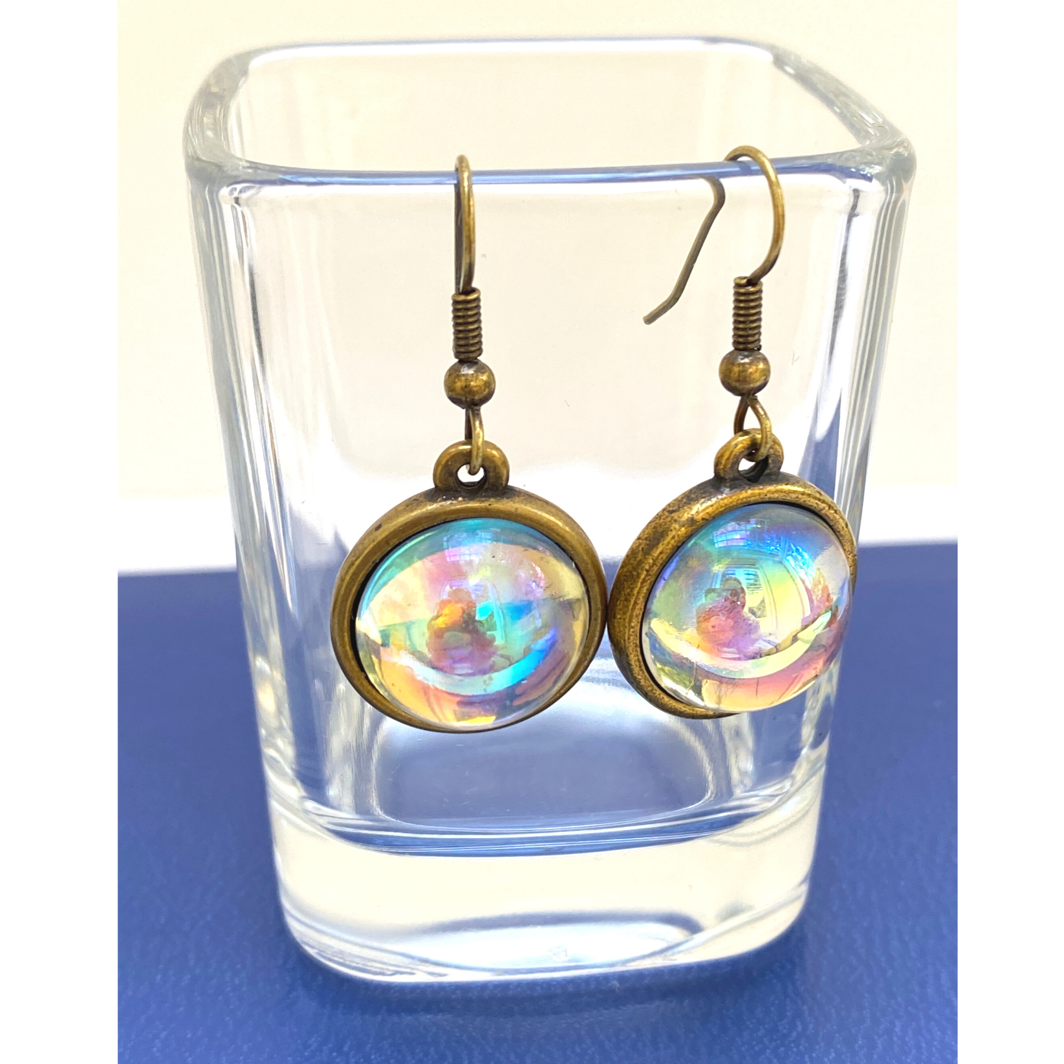 Earrings, Aurora Borealis Cabochon, Antique Gold, Handmade in USA