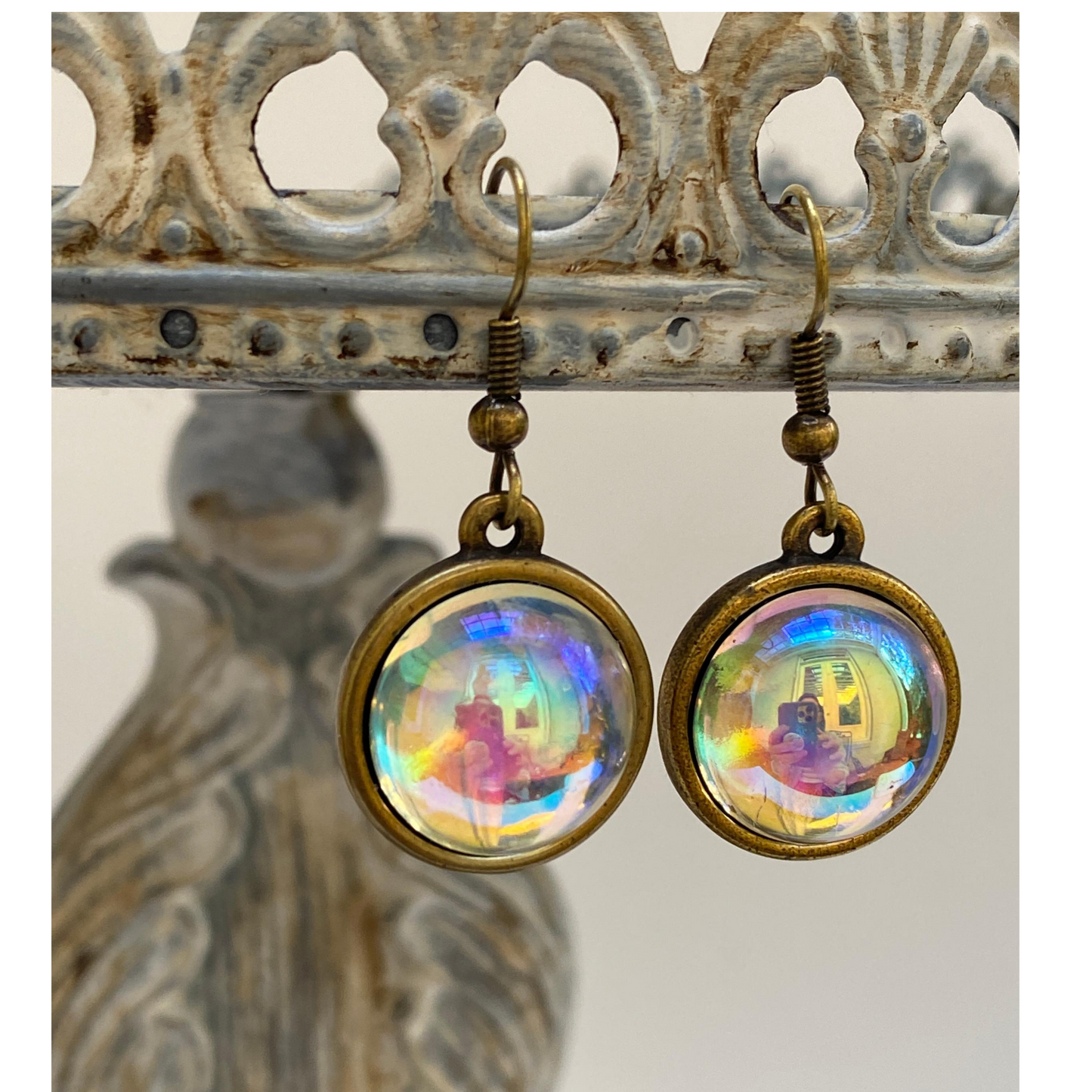 Earrings, Aurora Borealis Cabochon, Antique Gold, Handmade in USA