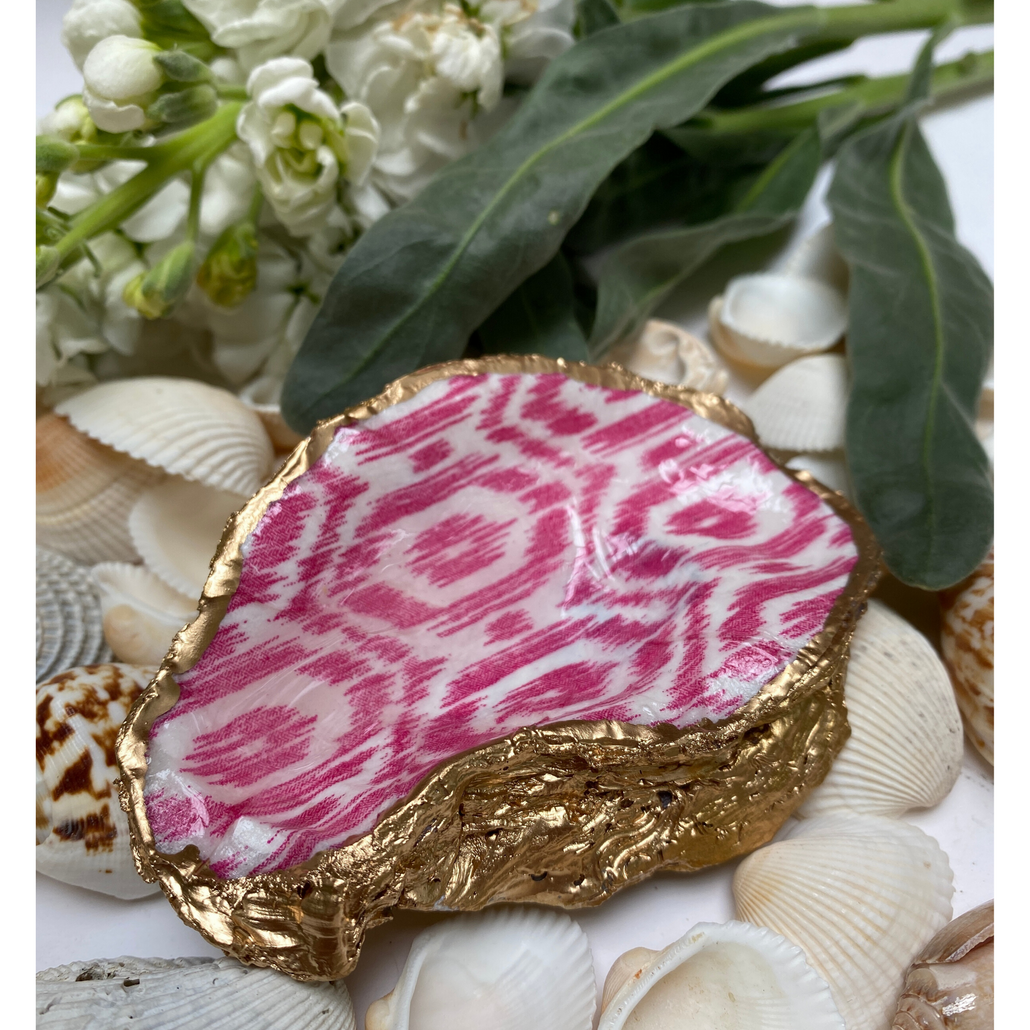 Oyster Shell Jewelry Dish, Pink Ikat Design, Gold Leaf Edges, Hand-made