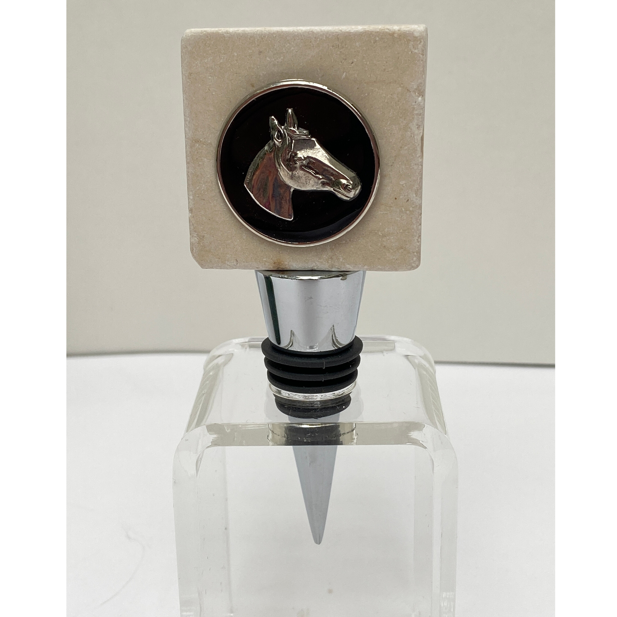 Marble Bottle Stopper,  Equestrian Gift, Silver Horse Head Black Enamel, Horse Lover Gift