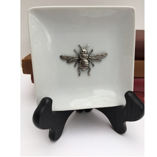 Trinket Tray, White Porcelain Dish, Large Silver Bee