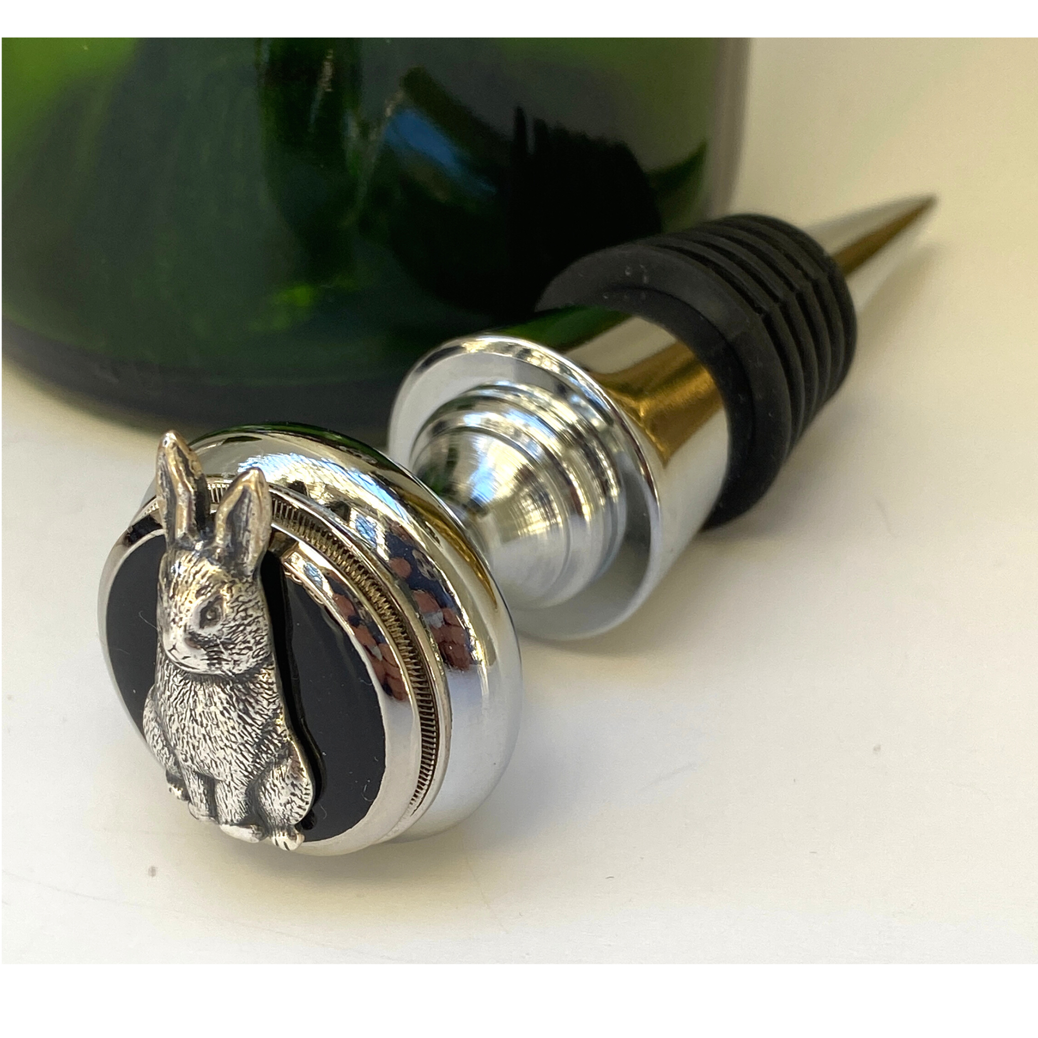 Bunny Gift, Bunny Bottle Stopper, Rabbit Bottle Stopper, Black Enamel Setting with Silver Bunny, Gift for Bunny Lovers