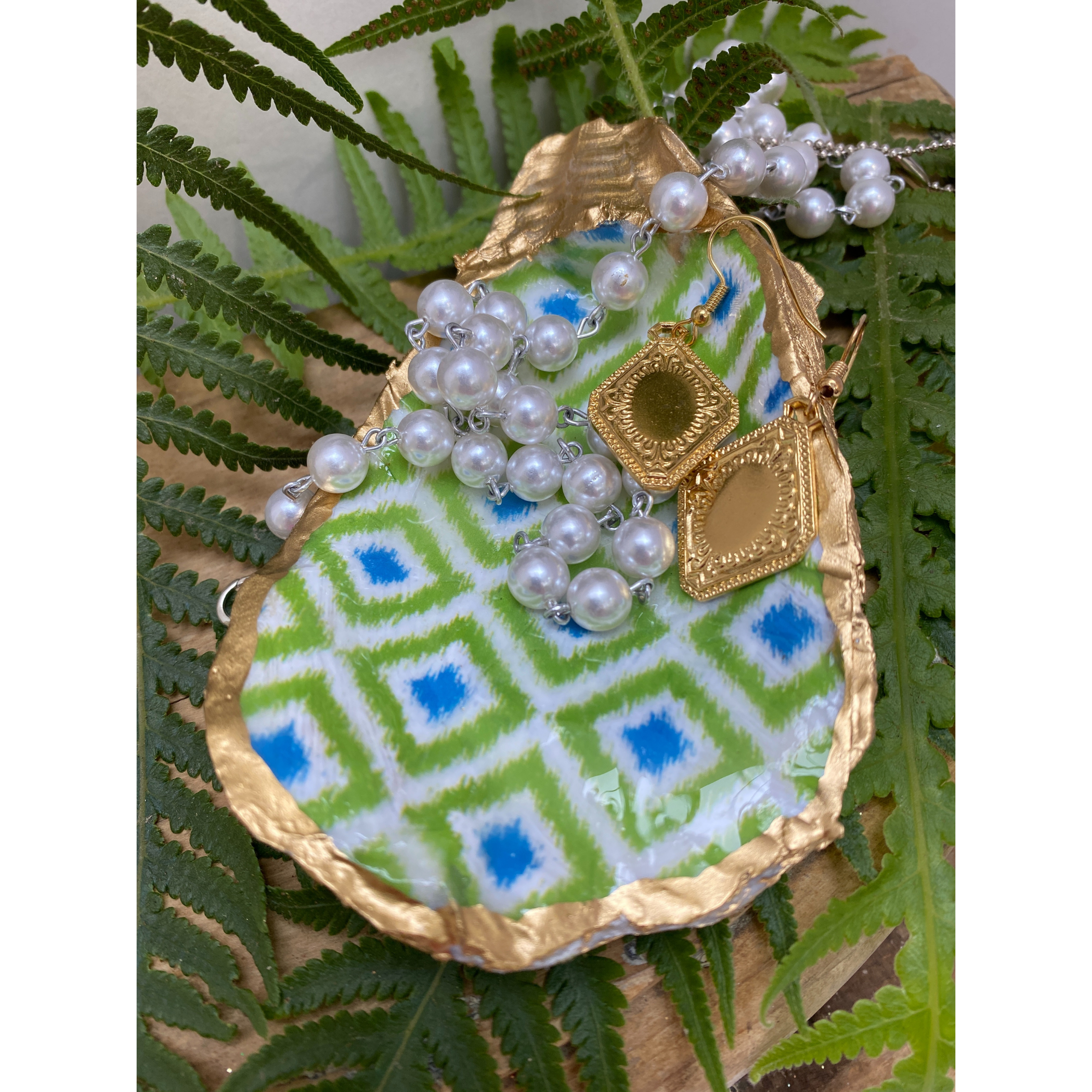 Oyster Shell Art, Green Ikat, Handmade