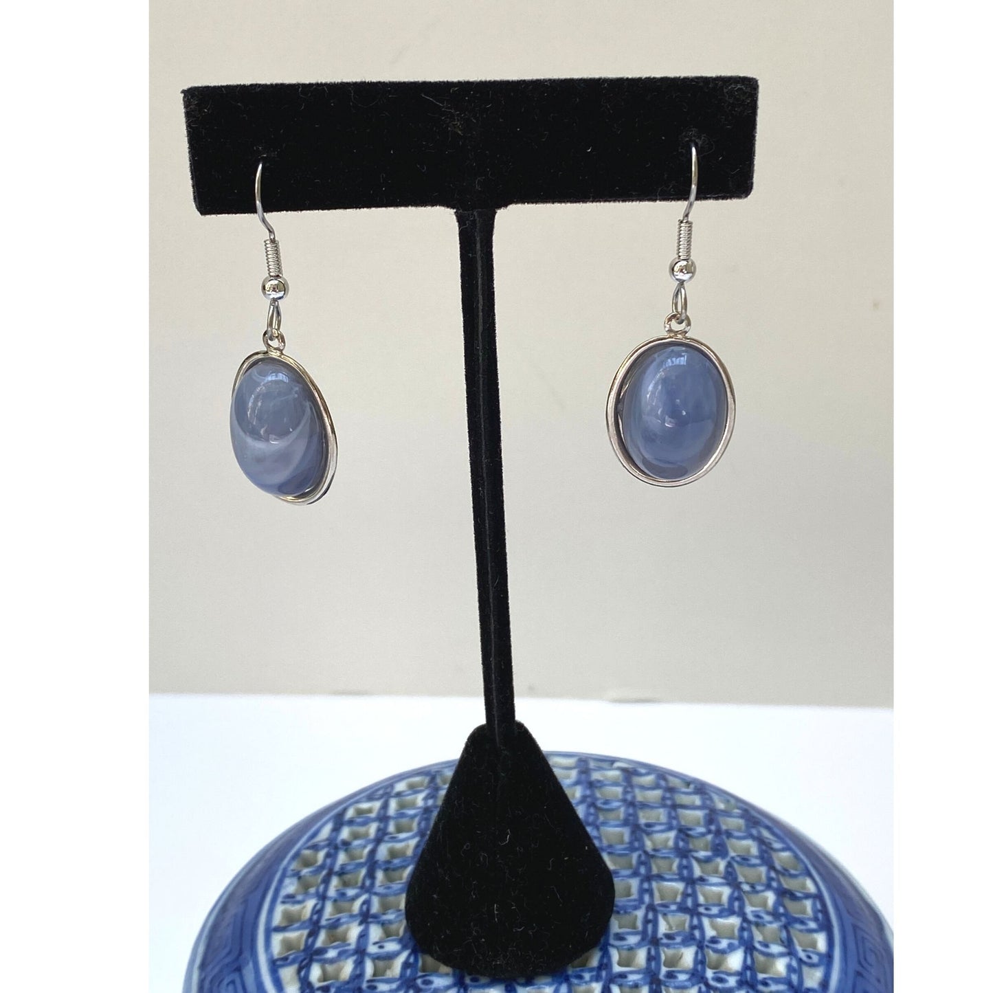 Silver Earrings, Blue Oval Cabochon