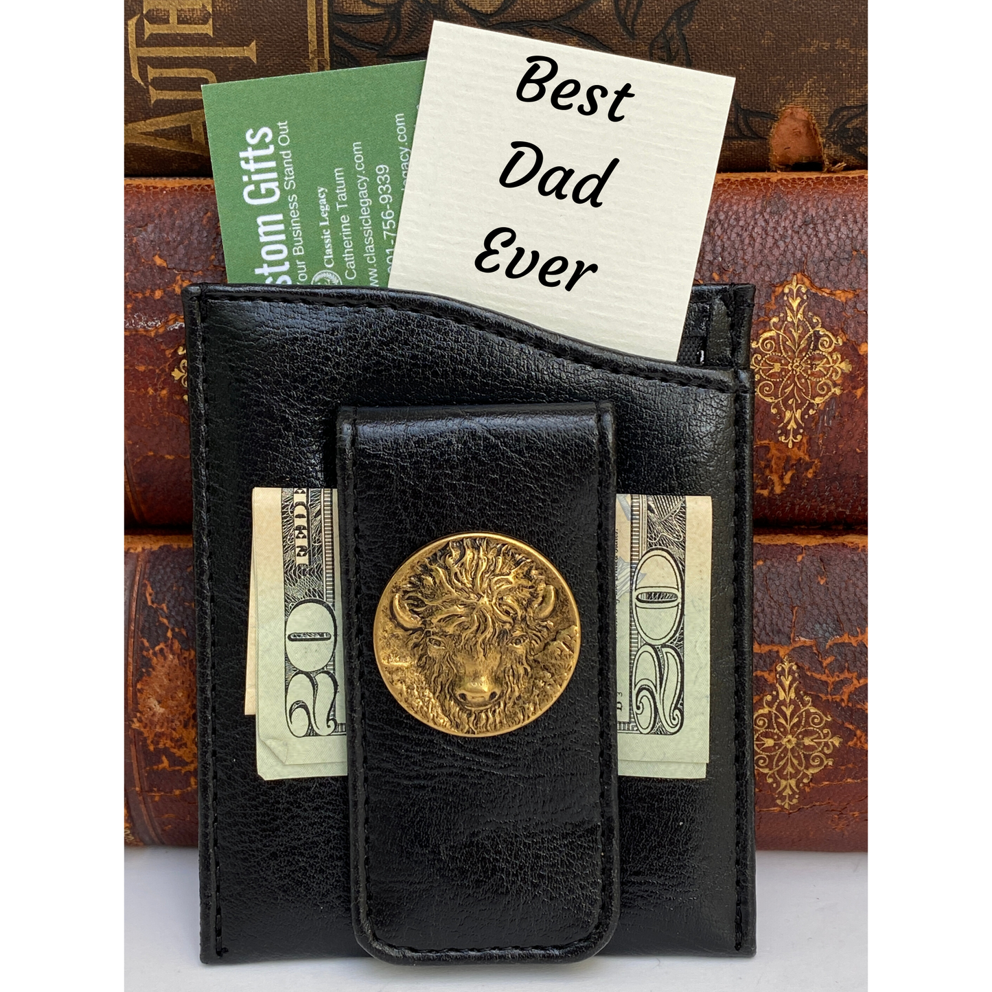 Money Clip, Black Faux Leather, Antique Gold Buffalo Head, Gift for Him