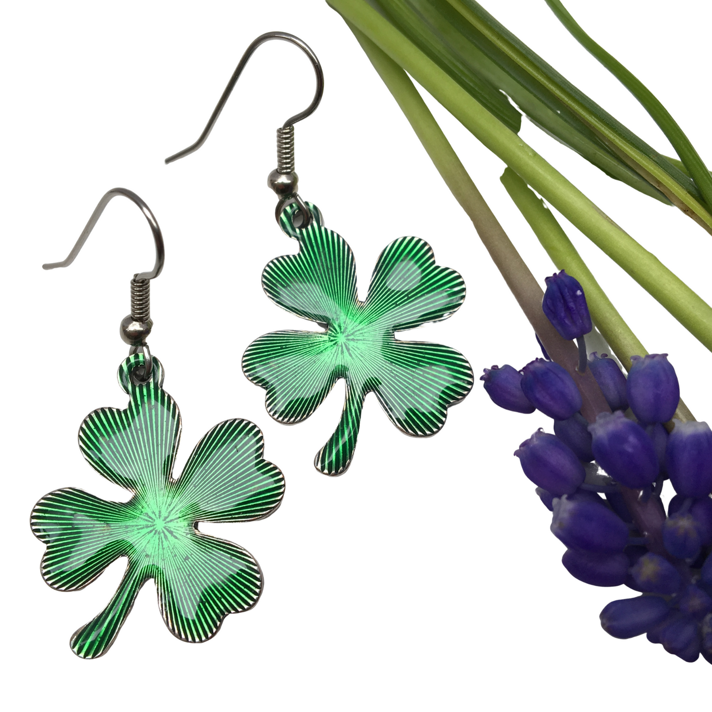 Earring, Irish Emerald Green Shamrock Enamel, French Wire, Handmade in USA