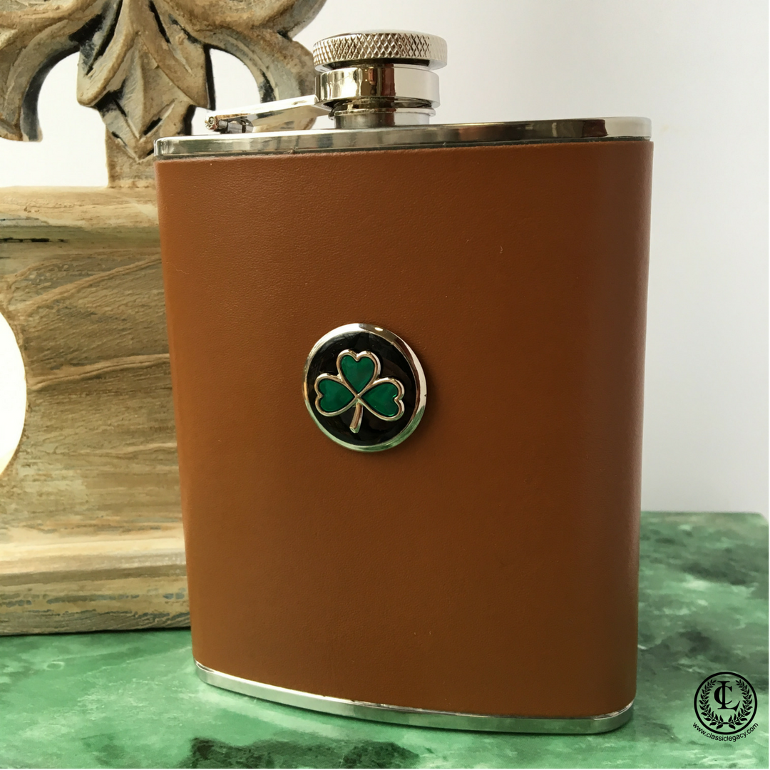 Flask, Brown Leather, Irish Shamrock