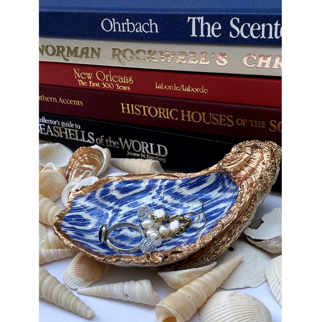 Oyster Shell Dish, Jewelry Dish, Blue and White Ikat Design, Blue and White Décor