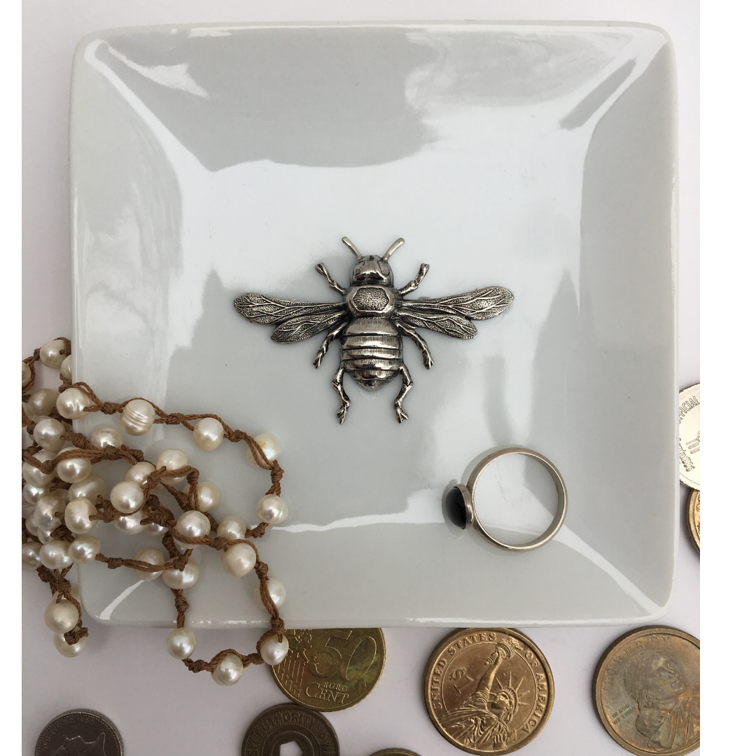 Trinket Tray, White Porcelain Dish, Large Silver Bee