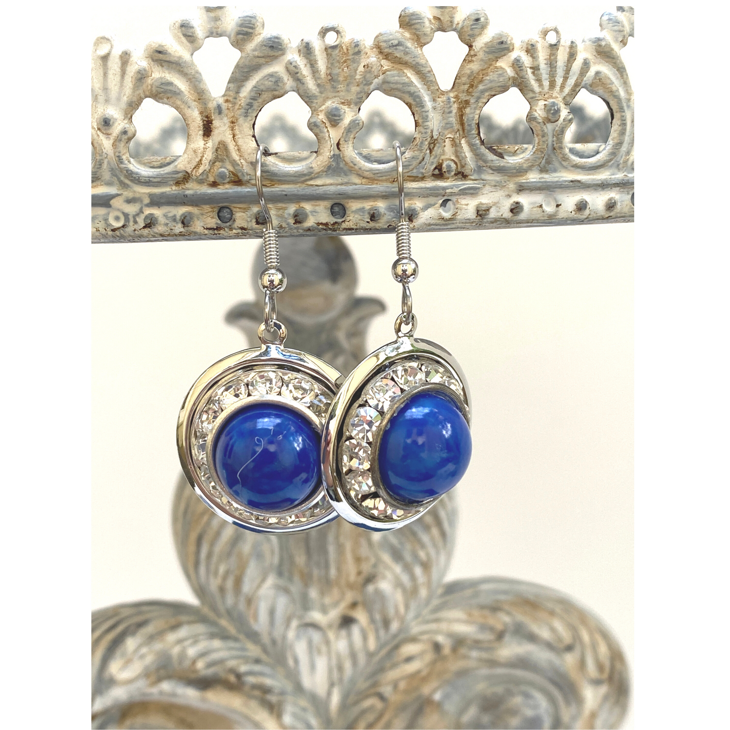 Earrings,  Faux Lapis, Crystal, French Ear Wire, Handmade in USA