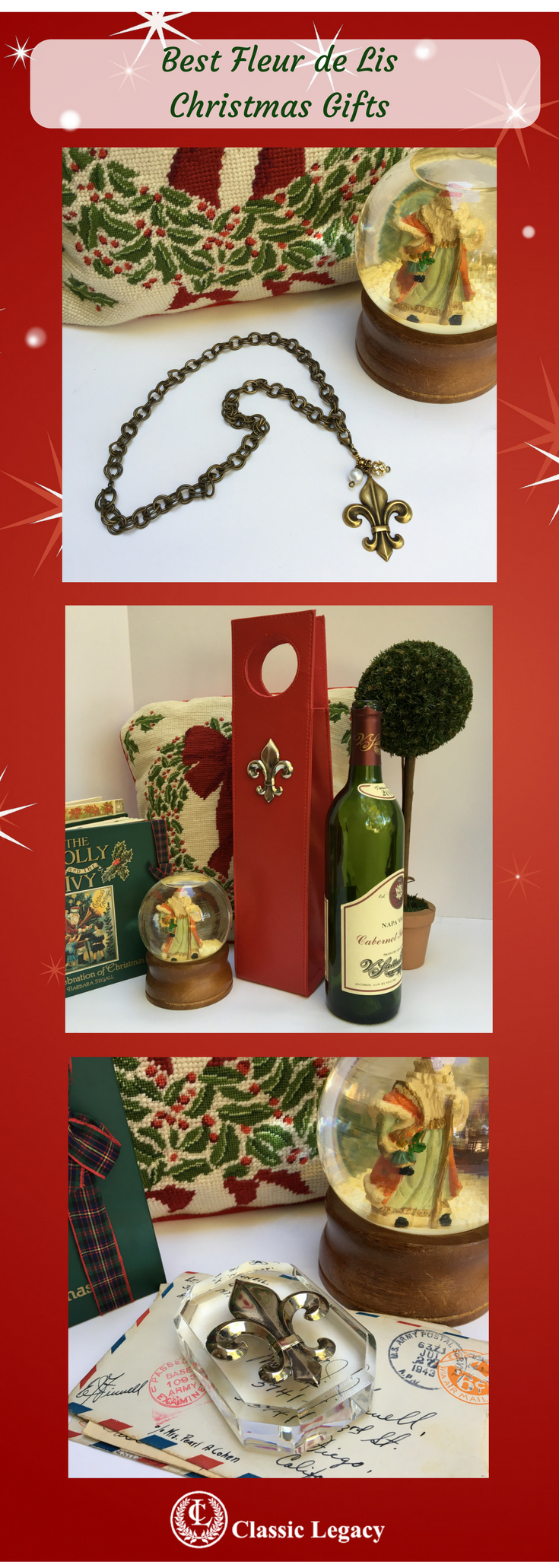 Beverage Carrier,  Red Faux Leather,  Silver Fleur de Lis