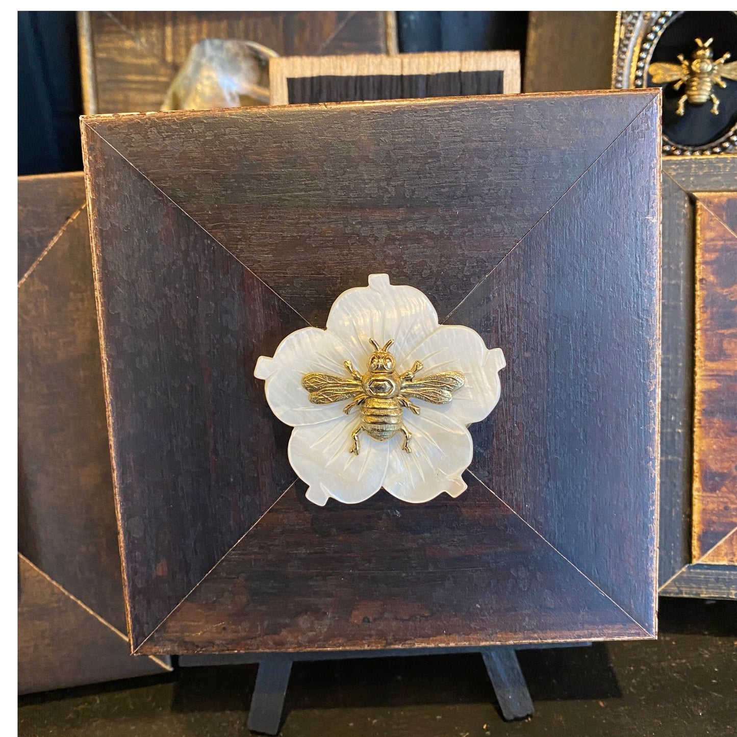 Bee Wooden Art, White Mother of Pearl Flower, Gold Bee