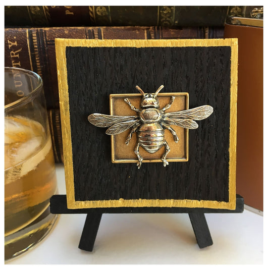 Silver Bee on Bourbon Barrel Wooden Art, Handcrafted Home Decor, Bee Gift