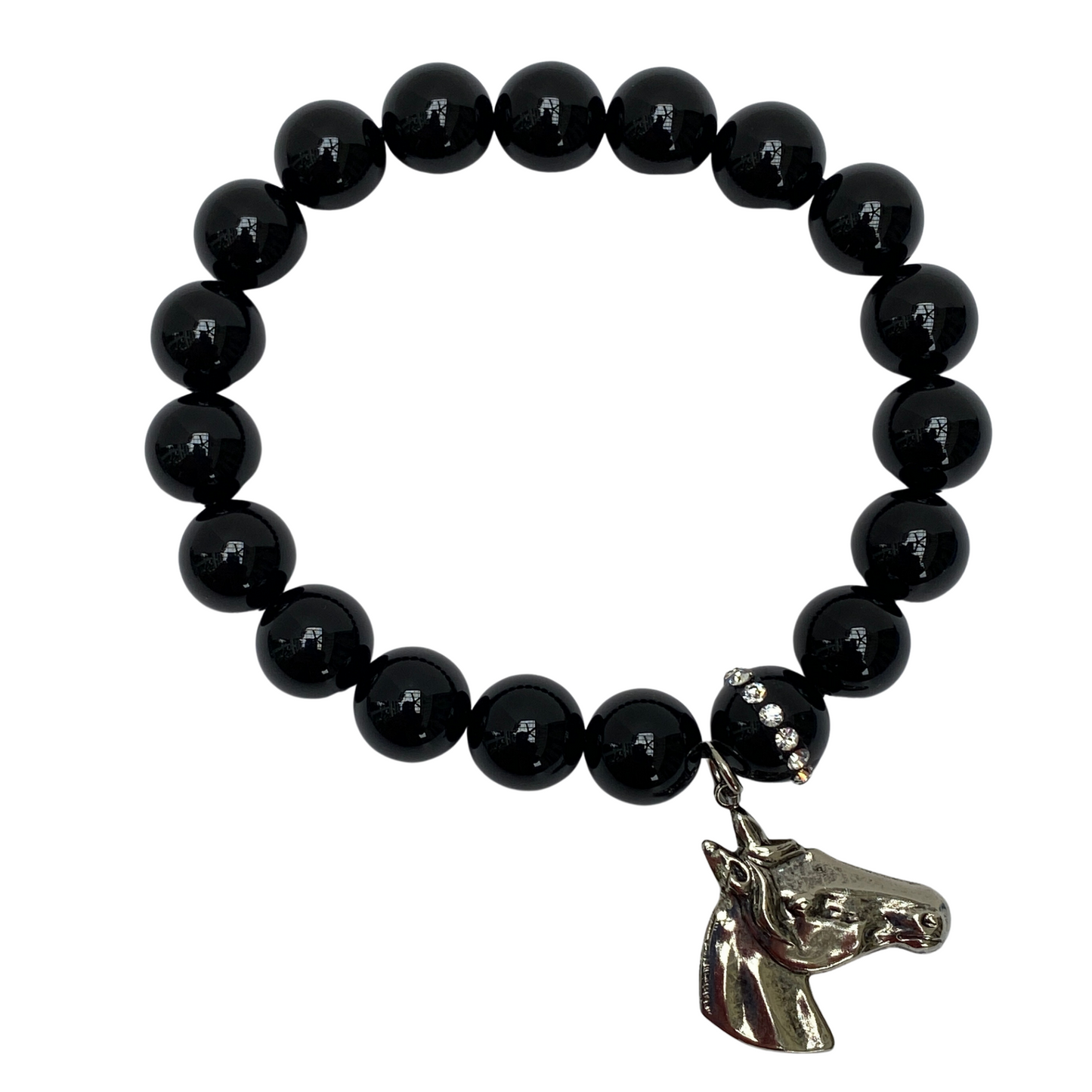 Black Beaded Bracelet With Equestrian Horse Head Charm