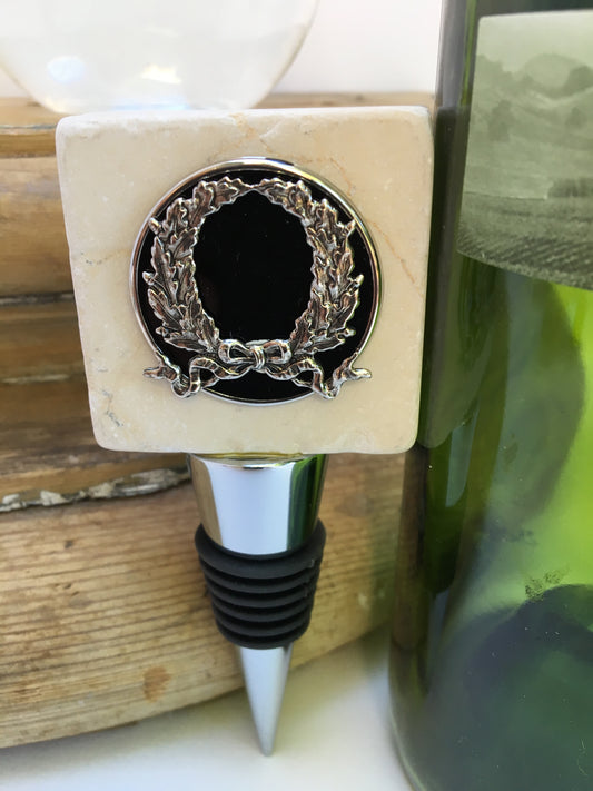 Marble Bottle Stopper,  Silver Laurel Wreath, Birthday Gift, Wine Lover Gift
