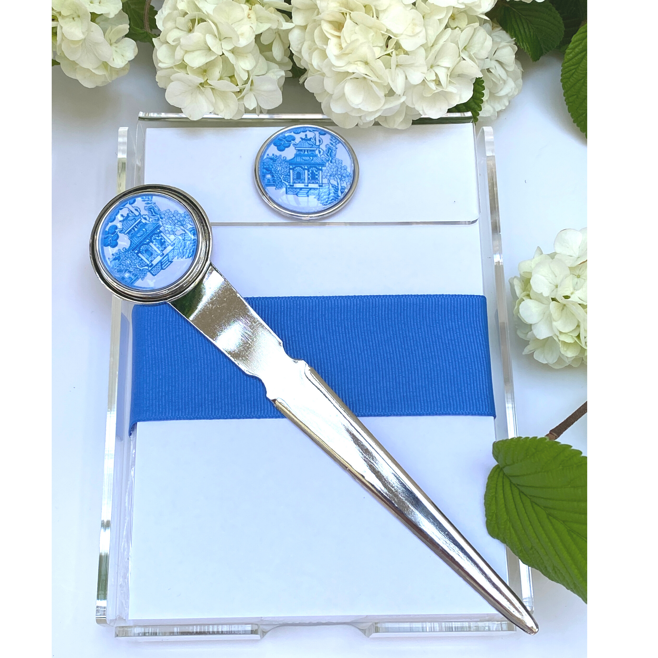 Blue Chinoiserie letter opener and notepad