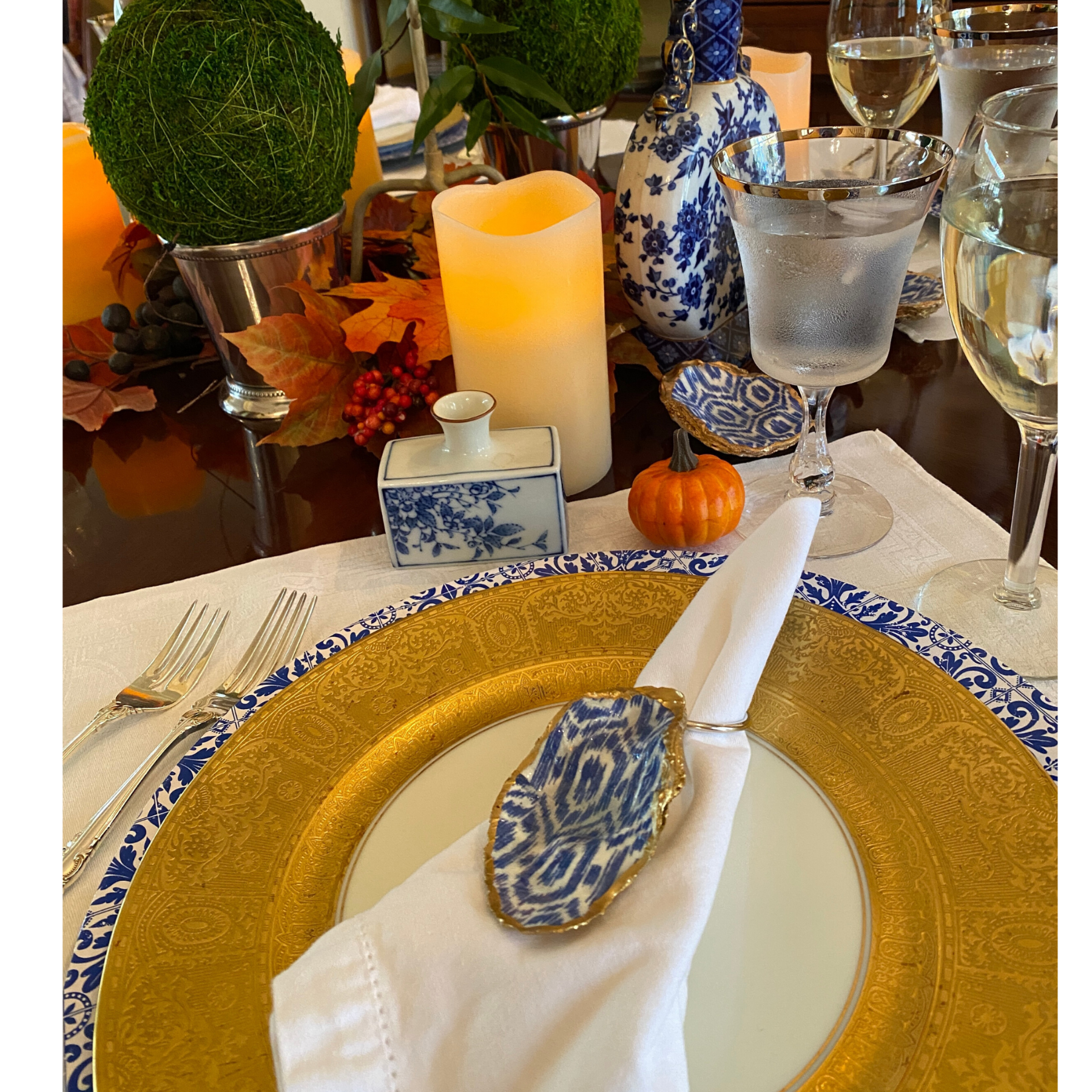Oyster Shell Art Napkin Ring Blue Ikat Design