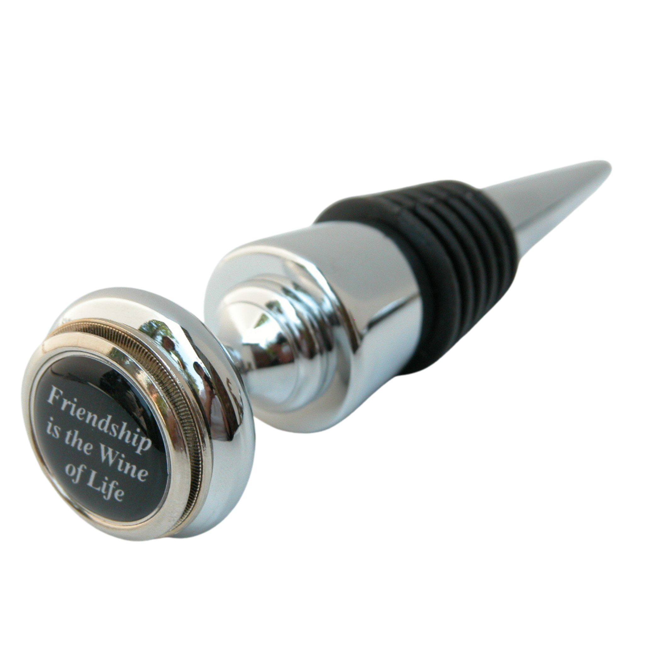 A silver wine bottle stopper with a round top featuring the text 'Friendship is the Wine of Life'. The stopper has a black rubber part and a metallic spike for insertion into the bottle.