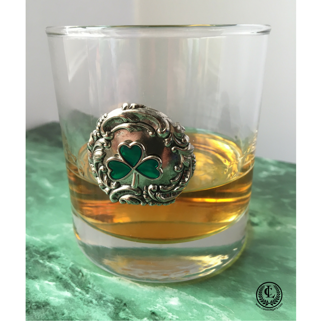 Bourbon Glass with Silver Medallion & Irish Shamrock