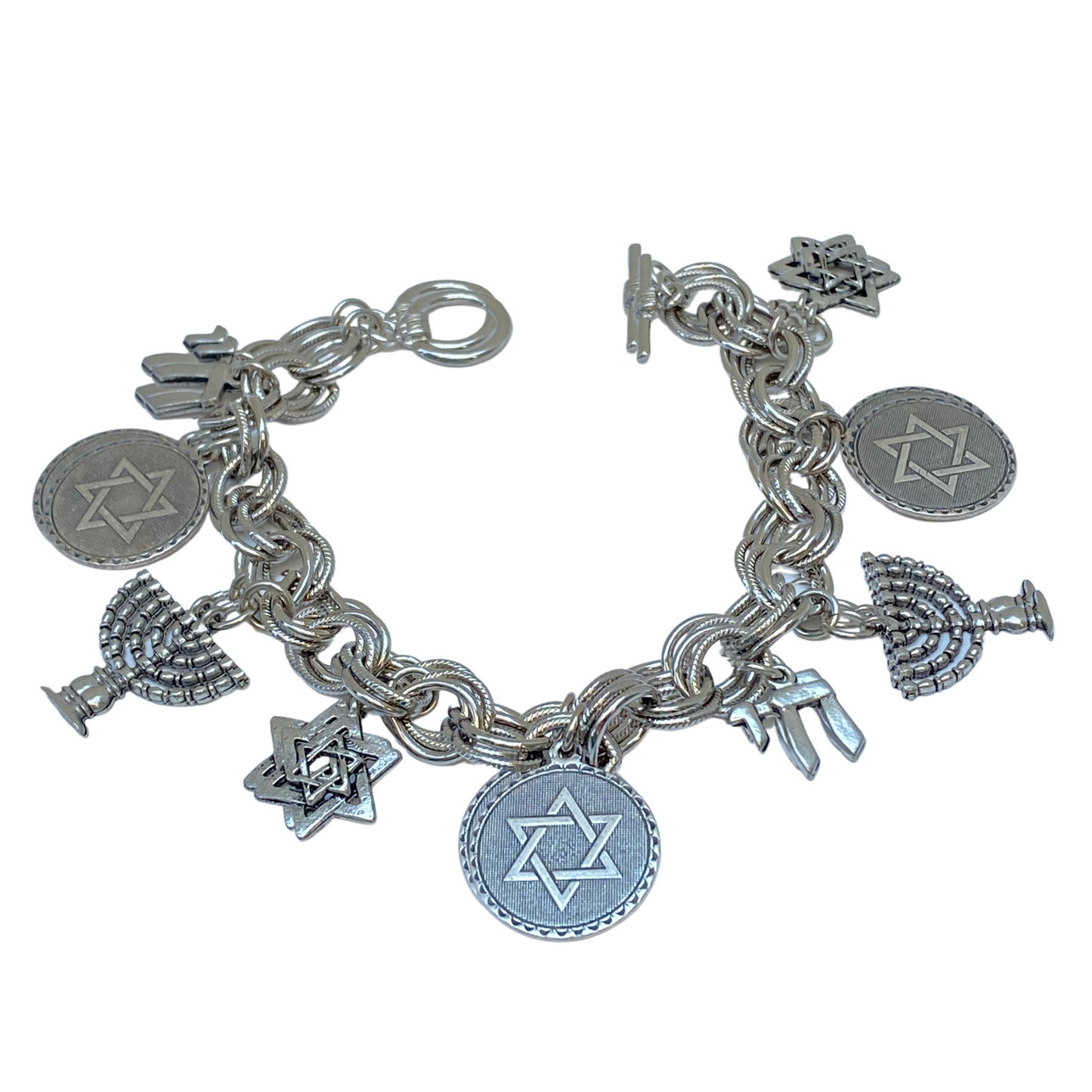 Charm Bracelet, Jewish Symbols, Silver Double Link