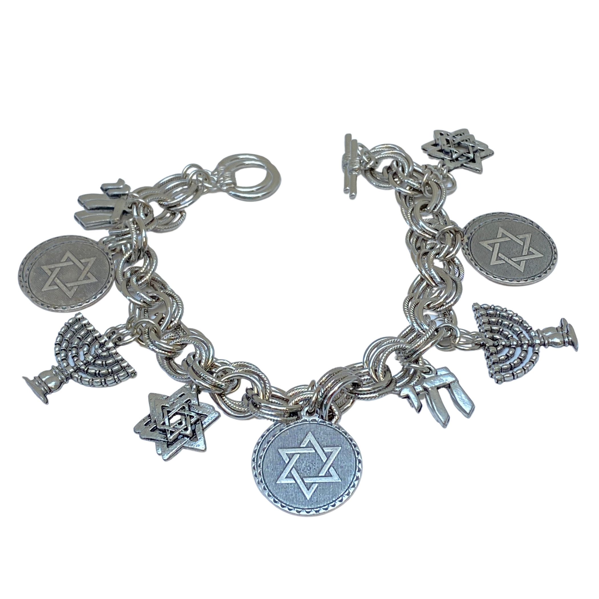 Charm Bracelet, Star of David & Menorah Silver Double Link