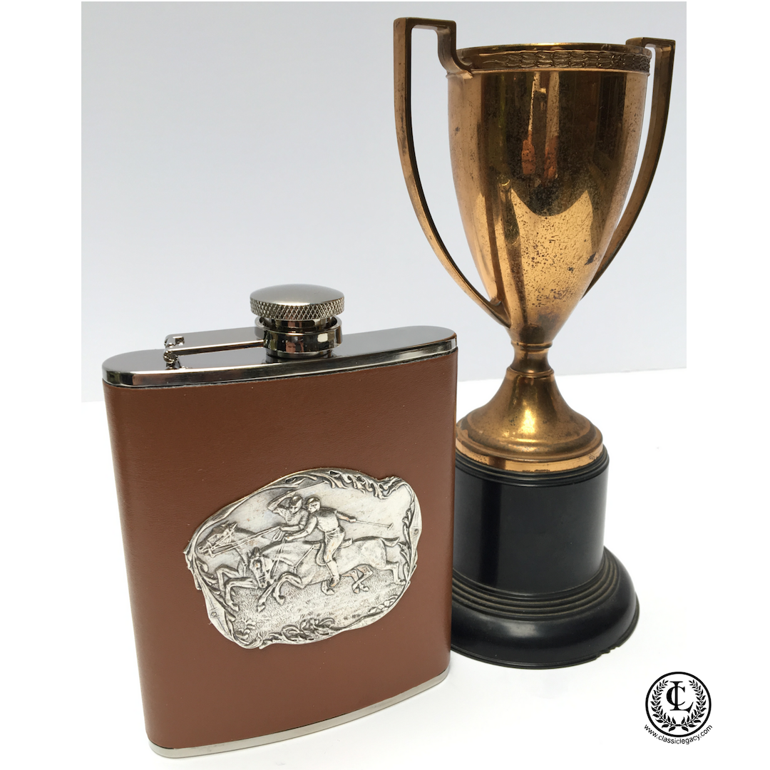 Brown Leather Flask, Silver Polo Medallion, Gift for Equestrian Polo Fan