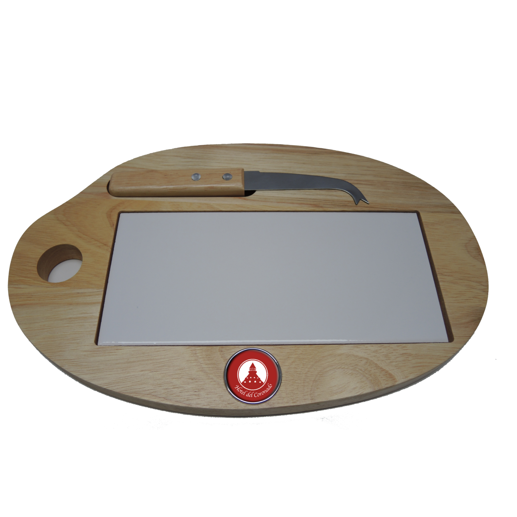 Our custom wooden and white tile cheese board is personalized with a silver medallion that features your logo, art, or photograph.   MINIMUM ORDER QUANTITIES APPLY.  This is a wonderful personalized gift.  