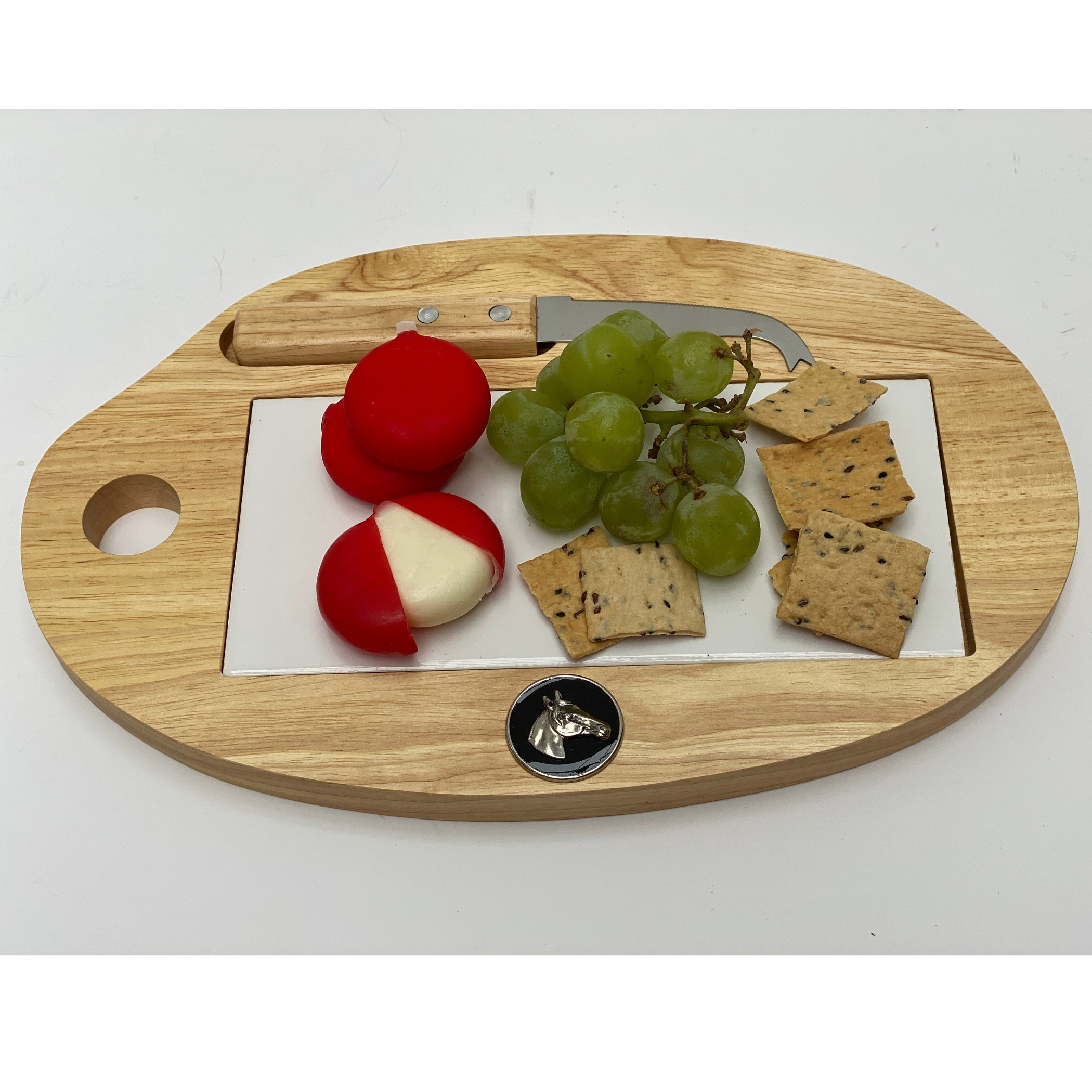 cheese board for horse lover wood and tile with silver horse head embellishment