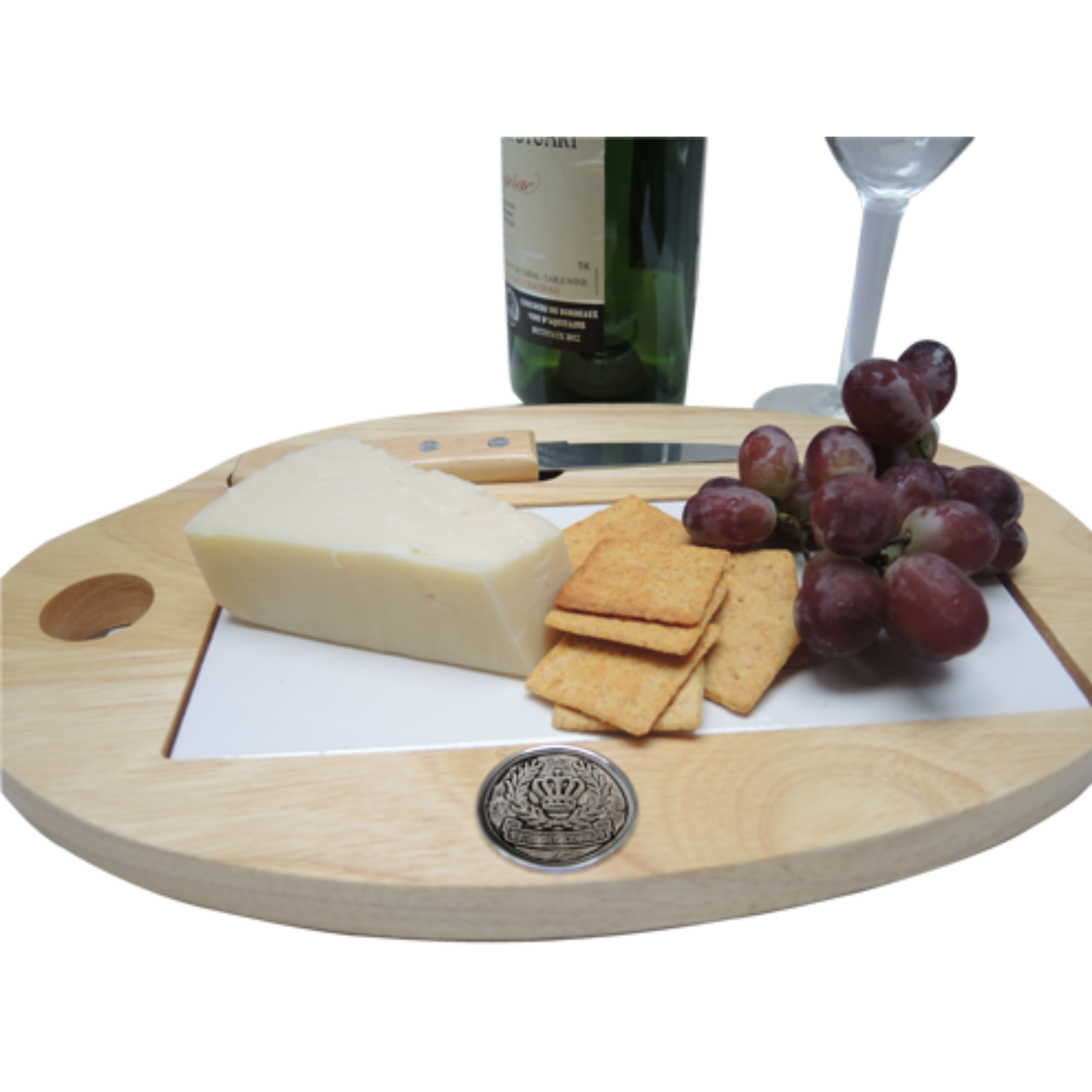 Our custom wooden and white tile cheese board is personalized with a silver medallion that features your logo, art, or photograph.   MINIMUM ORDER QUANTITIES APPLY.  This is a wonderful personalized gift.  